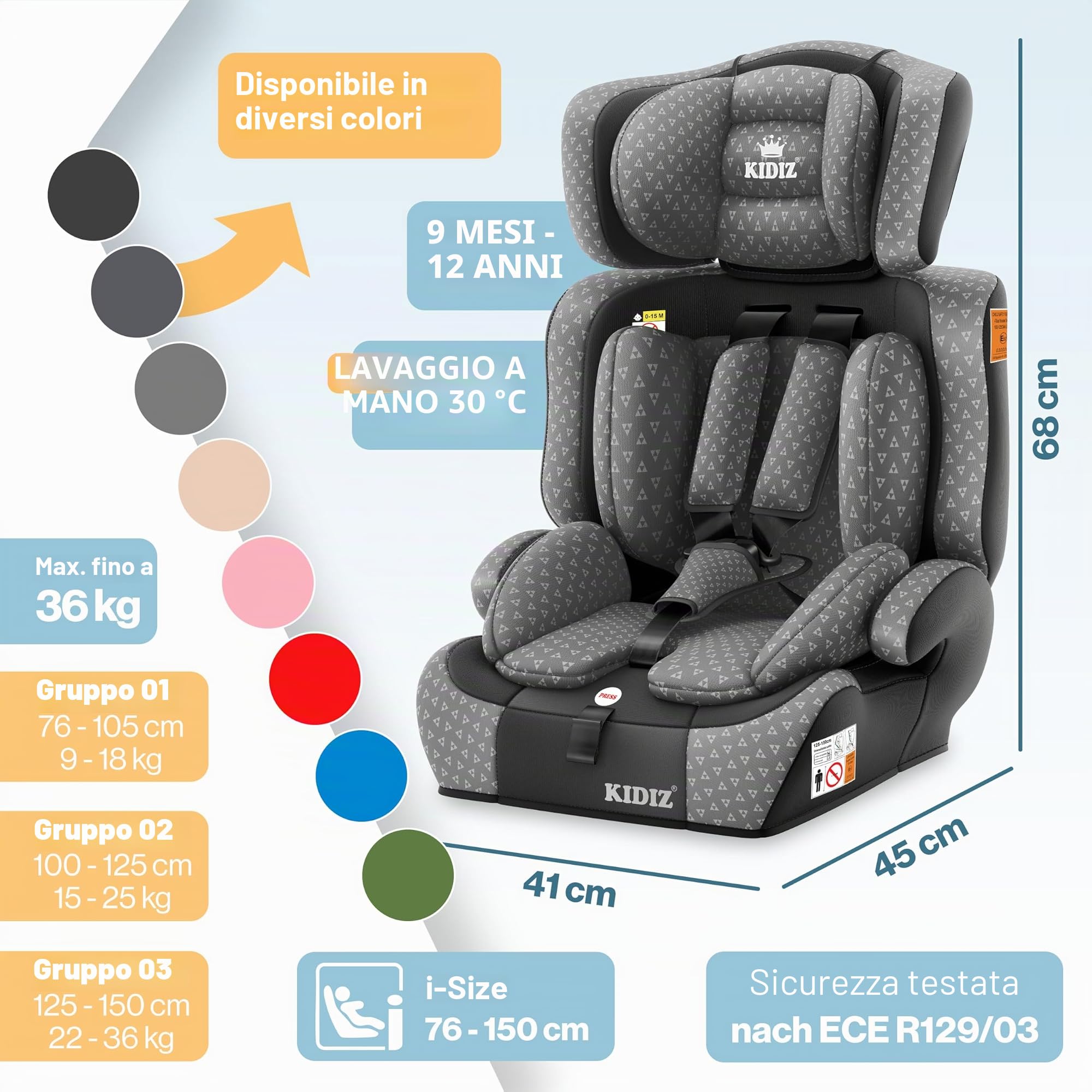 KIDIZ Seggiolino auto Triangle Premium per bambini, seggiolino auto | 9 kg - 36 kg 1-12 anni | gruppo 1/2/3 | universale | omologato secondo ECE R129/03