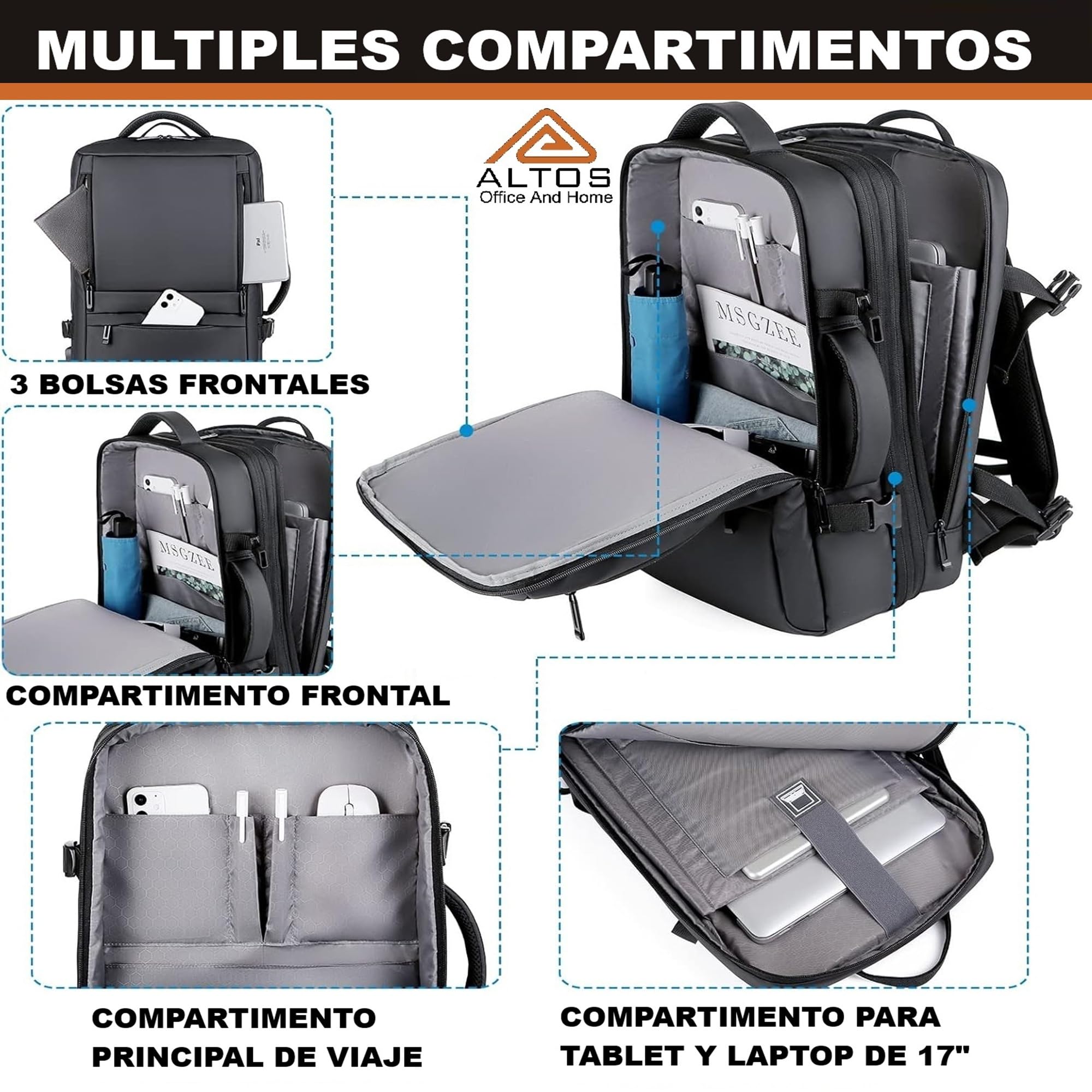 ALTOS OFFICE AND HOME Mochila 45x30x20 cm expandible equipaje de mano 45L para portátil 17 pulgadas impermeable maleta cabina viaje avión compatible con RyanAir/Vueling/EasyJet/Etc. cuero sintético
