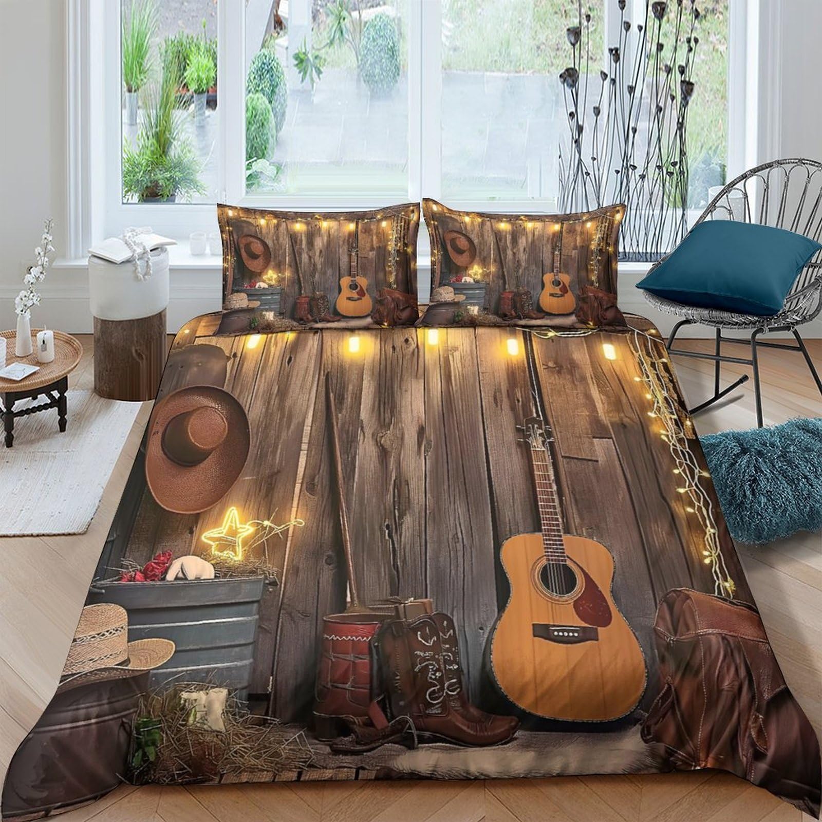 Ctjqhvkz Style-6 3D Printed Guitar Rustic Wood Fitted Sheet Microfiber Soft Anti-Slip Cowboy Hat Bed Cover For Bedroom Decor Single（135X200cm）