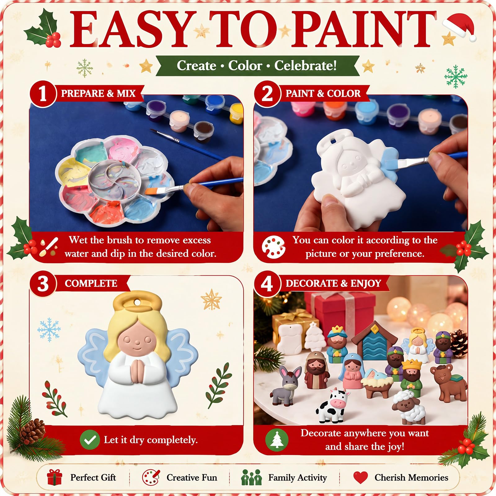 Soulchen Lot de 24 kits de peinture en céramique pour crèche de Noël - Peinture religieuse sur le thème de la naissance de Jésus - Décorations pour les vacances à faire soi-même - Kit d'activités de