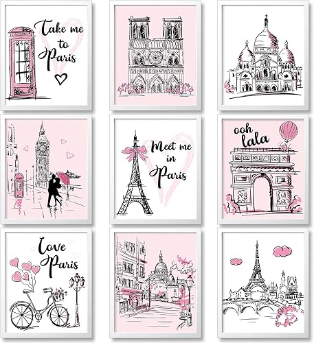 Miniatura 1 de Pajean 9 piezas de decoración de París para dormitorio, baño, arte de pared rosa de París, Torre Eiffel, impresiones artísticas románticas,
