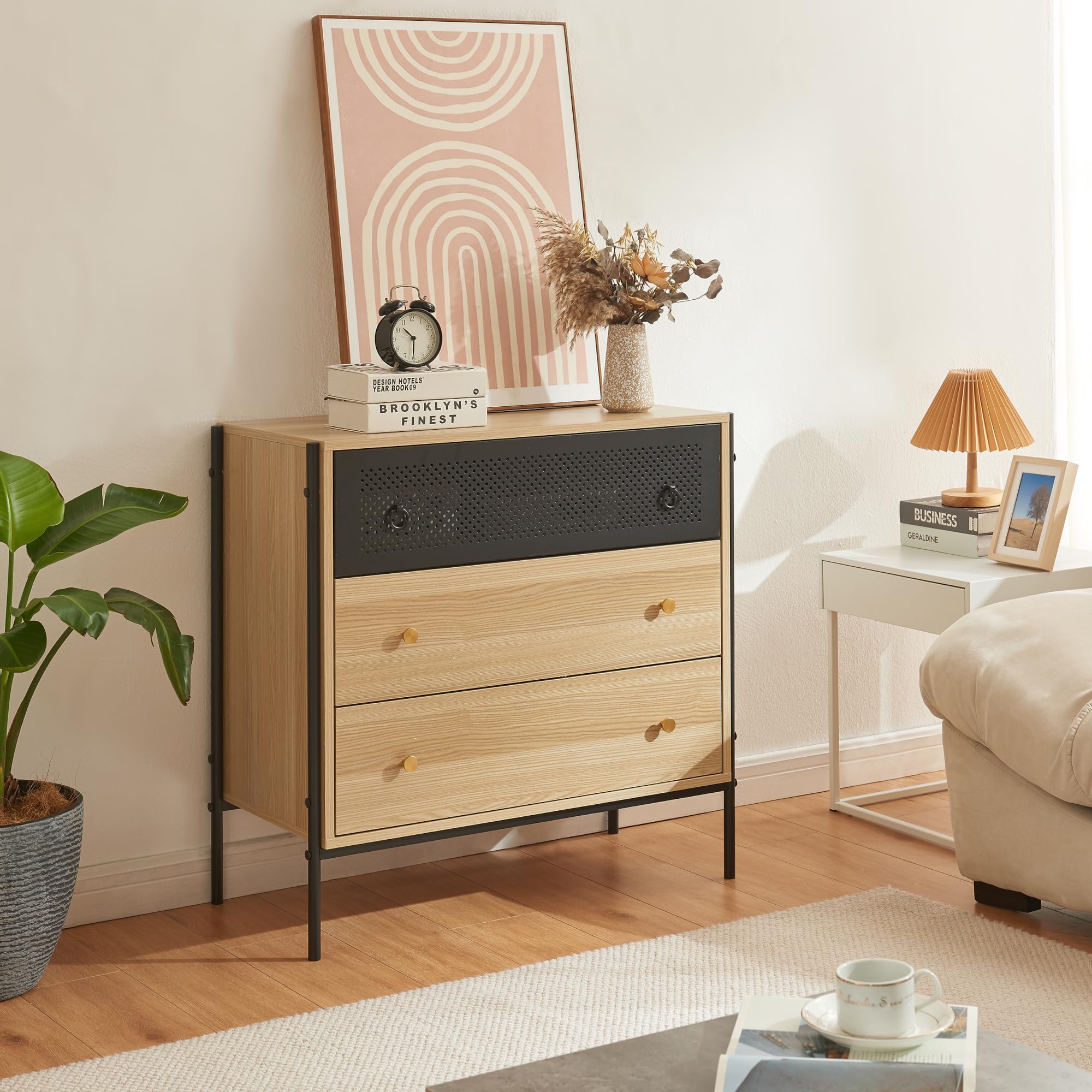 [en.casa] Cassettiera Comò con 3 Cassetti Ampi Mobile Organizzatore per Soggiorno Camera da Letto Mobile Contenitore 80 x 80 x 40 cm Effetto Rovere/Nero
