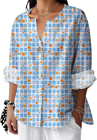 Linen Shirts for Women 3/4 Sleeve V Neck Casual Workout Graphic Oversized Stylish Floral Printed Tunic Vintage Tops