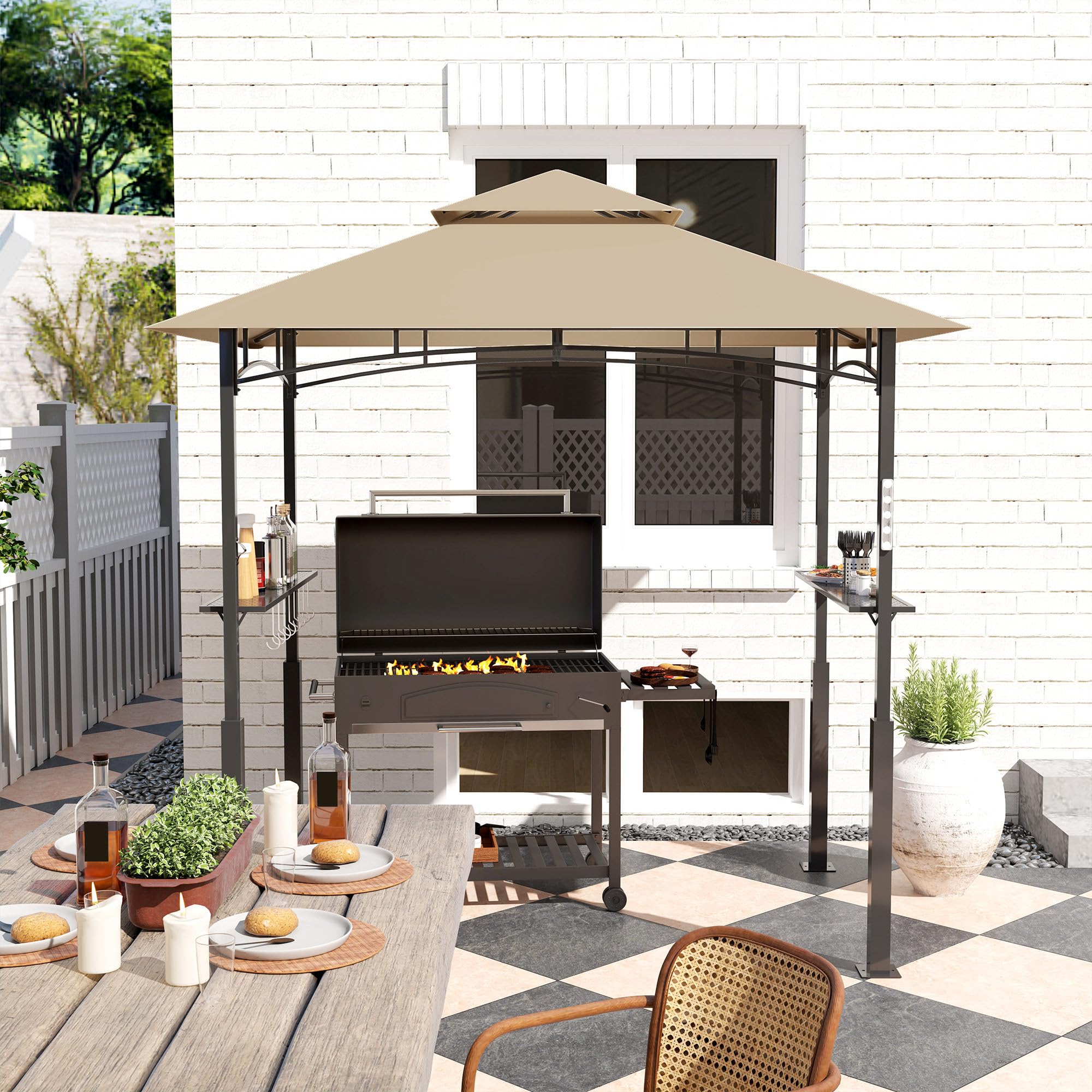 Outsunny Cenador de barbacoa de dos niveles, toldo de recepción para jardín, con luz LED, gancho de techo 2 estantes laterales 240 x 150 x 250 cm Caqui