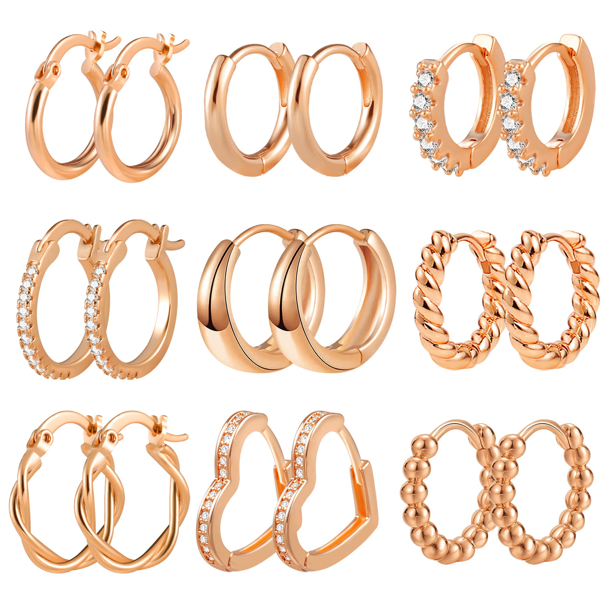 ALEXCRAFT Piccoli Orecchini a Cerchio, Orecchini Per Polsini Auricolari Da Donna, Orecchini a Cerchio Intrecciati Da Donna, Orecchini a Cerchio Spessi Vintage Ipoallergenici In Oro e Argento (9 Paia)