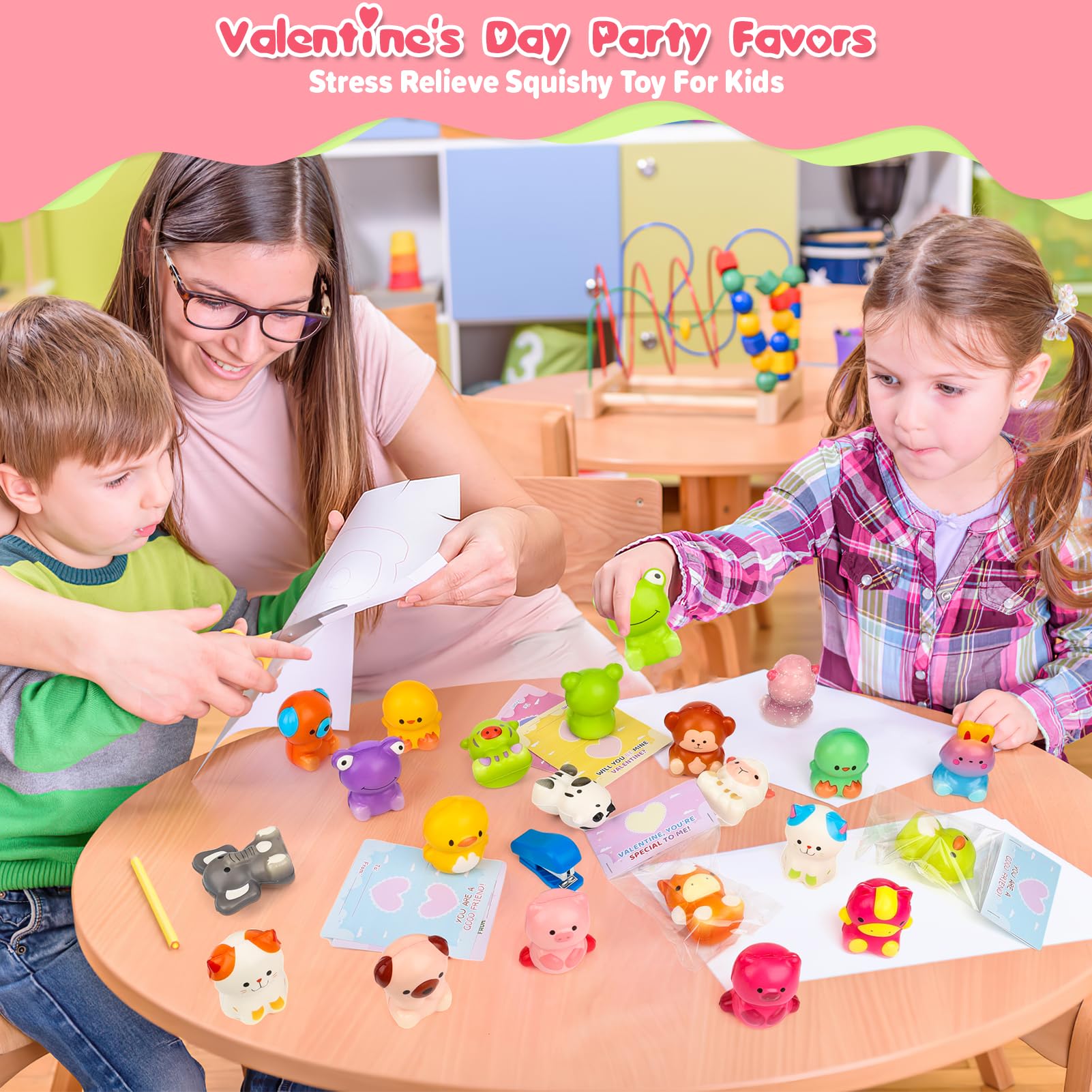 Valentines Gifts for Kids, 24PCS Valentines Cards for Kids Classroom with Animal Squishy Toys