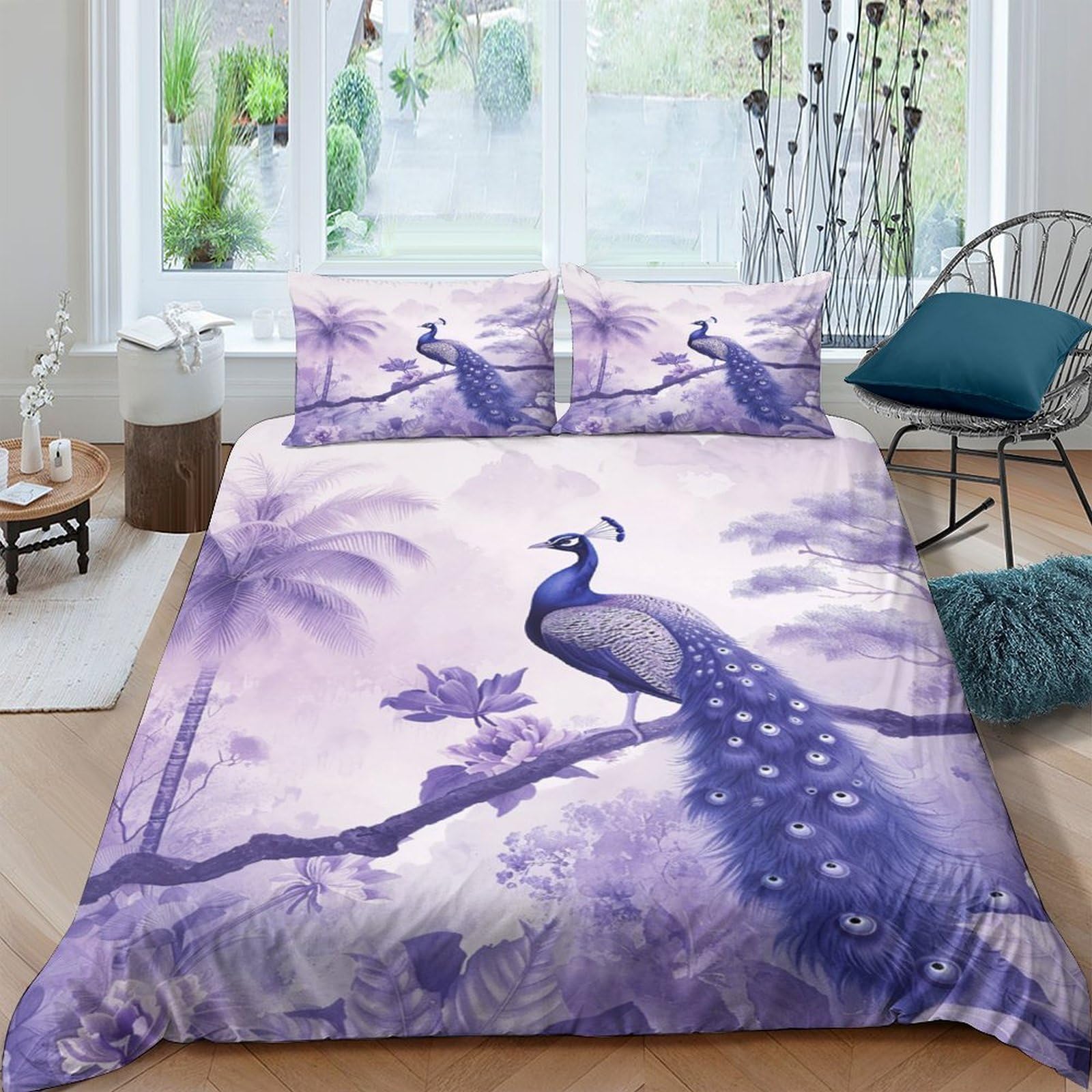 Ctjqhvkz Style-3 3D Printed Purple Peacock Fitted Sheet Microfiber Soft Breathable Forest Art Mattress Cover For Bedroom Dorm Decor Single（135X200cm）
