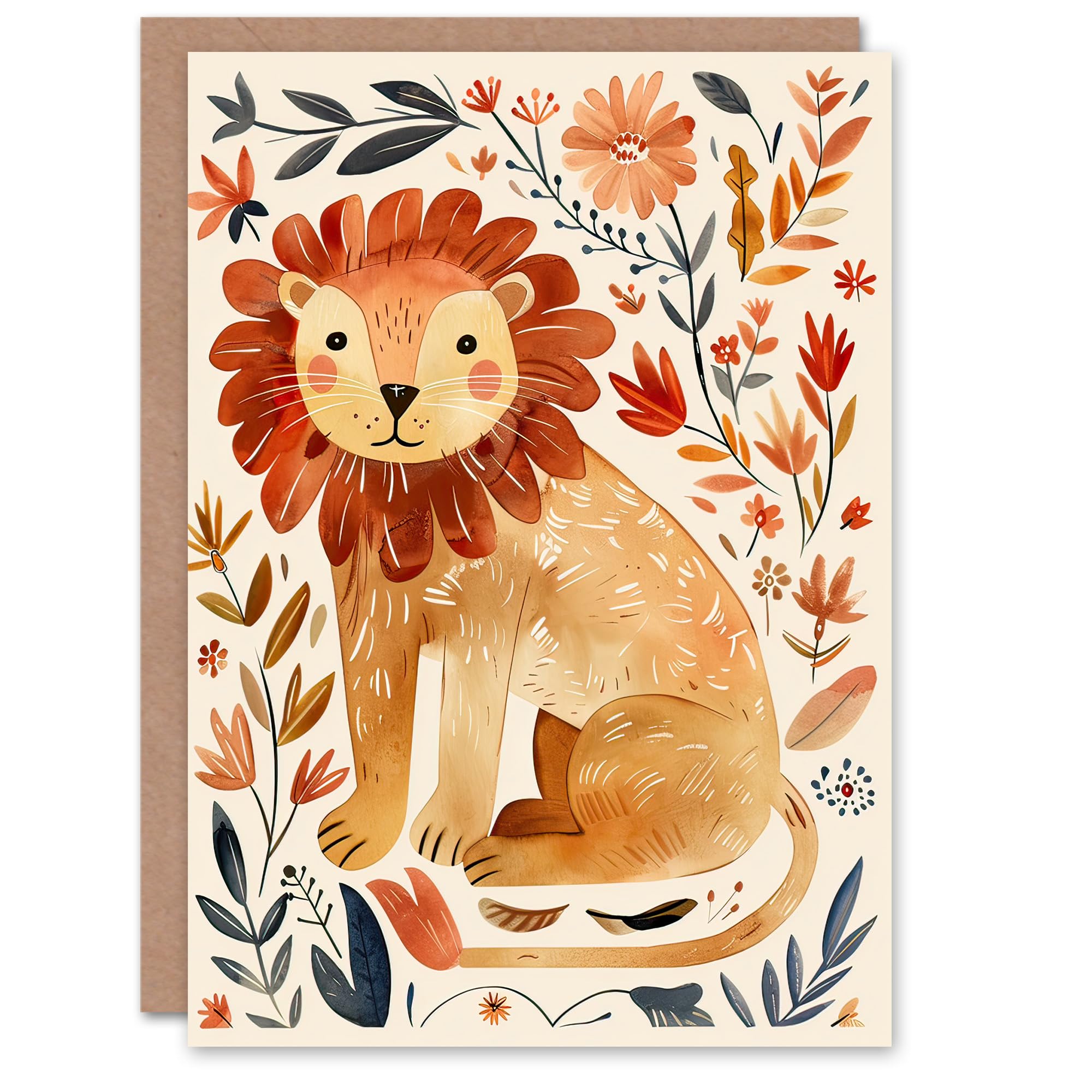 Artery8 Greeting Card Cute Baby Lion Rustic Floral Watercolour For Her Woman Birthday Card