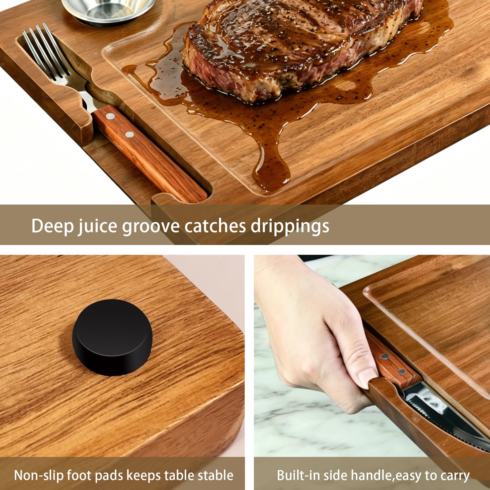 Steakbrett aus Akazienholz, wendbar, Charcuteriebretter, Schneidebrett-Set mit Gabel, Messer und 2 SUS304 Auflaufförmchen, 39,9 cm, Holz-Servierbrett für Zuhause, Grillen, Geschenk für Damen und