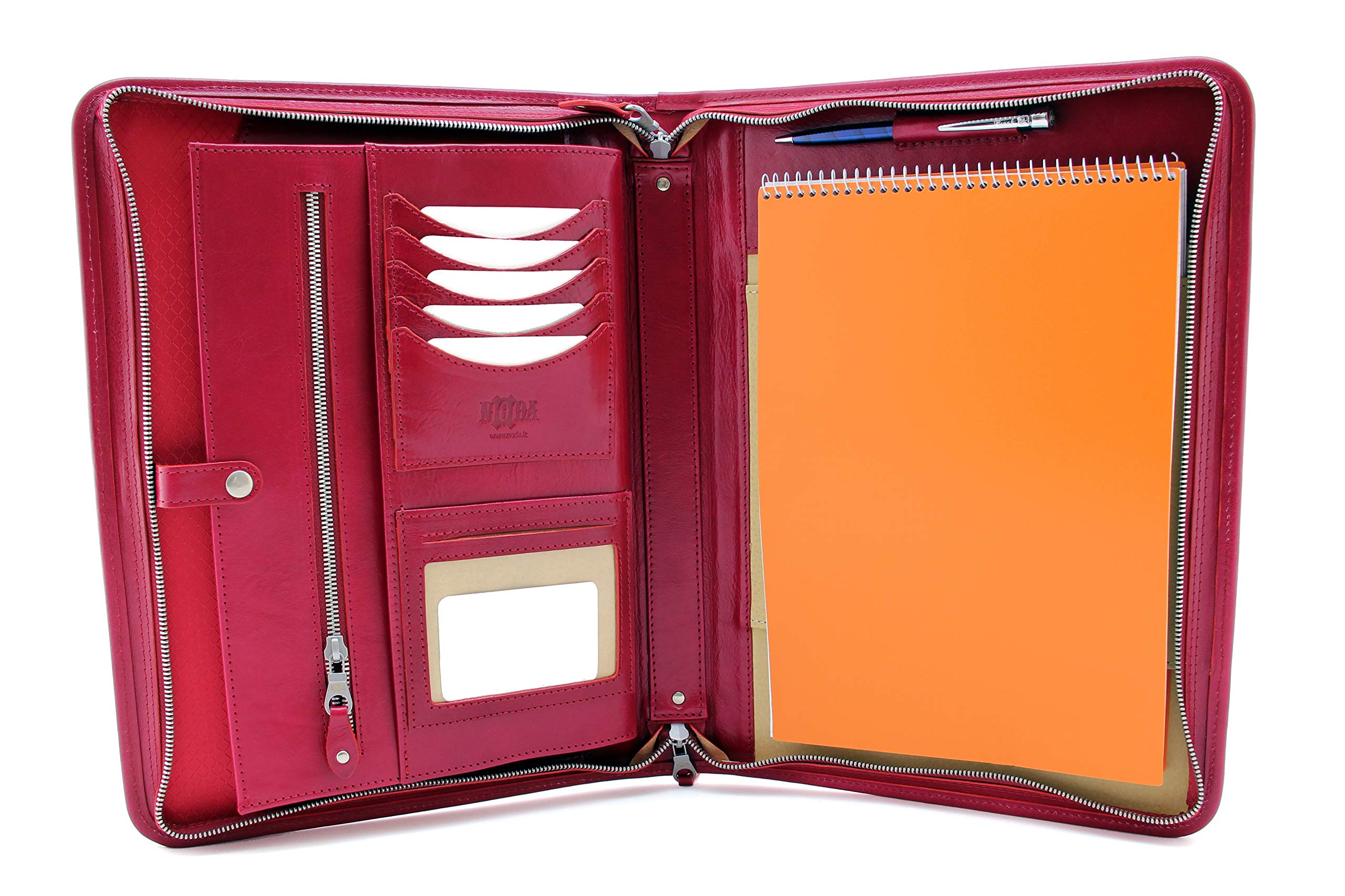 Con cerniera e portafoglio, in pelle italiana, portadocumenti, formato A4, in pelle Folio con manico Rosso