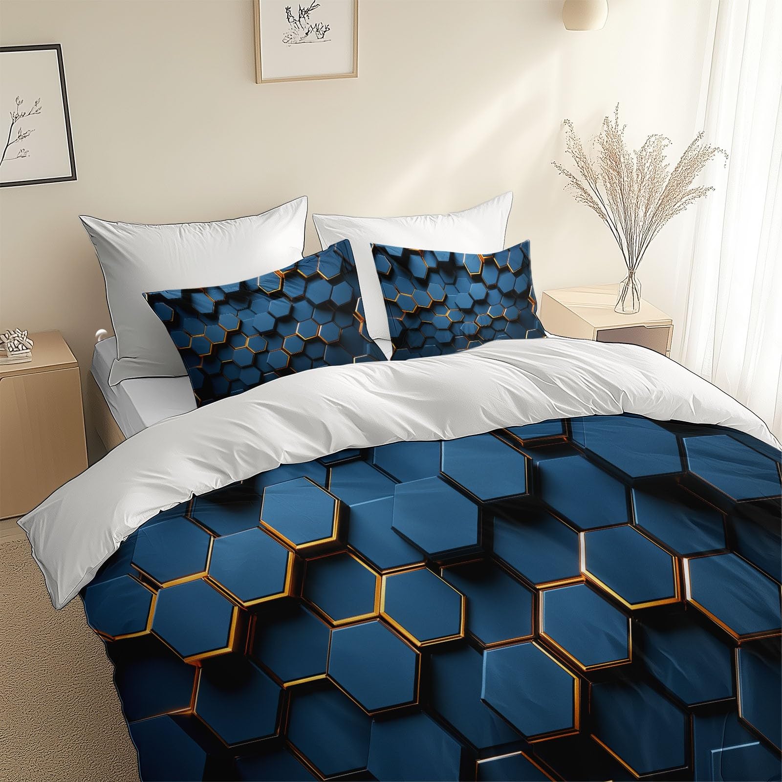 Geometryczny sześciokąt plaster miodu 3-częściowy zestaw poszewek na kołdrę 150x200 cm 3D nadruk poszwa na kołdrę z zamkiem błyskawicznym i poszewkami na poduszki miękka mikrofibra dla dzieci poszwa
