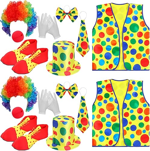 Funtery Juego de 16 disfraz de payaso, incluye peluca de payaso rojo, pajarita de nariz, chaleco de payaso, guantes blancos, zapatos de payaso,