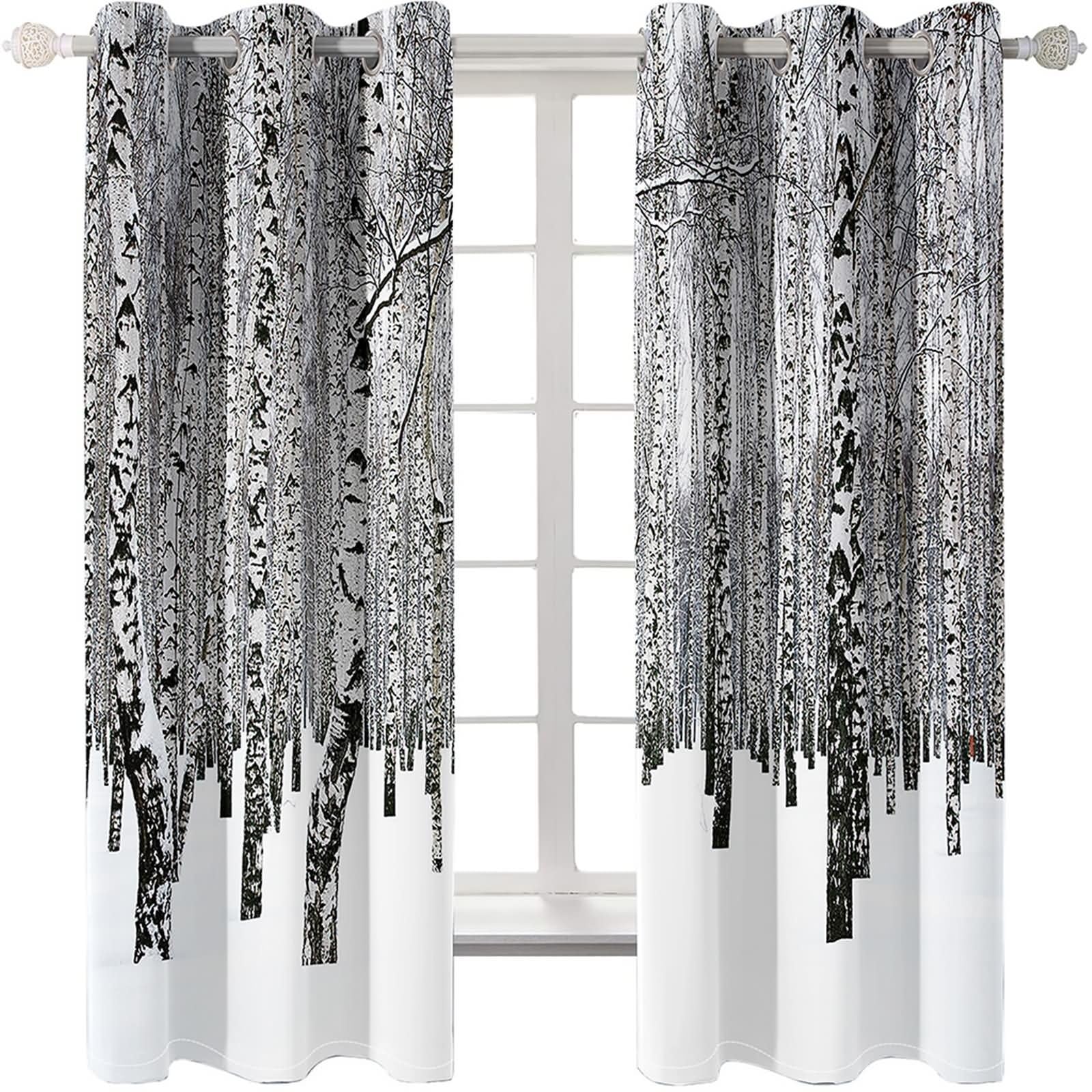 Cortinas con Ollaos,2 x 86W x 229H CM,2 Piezas Cortinas Habitación Matrimonio Opacas Paisaje de Forestal Nevada Cortina Habitacion Gris Blanco