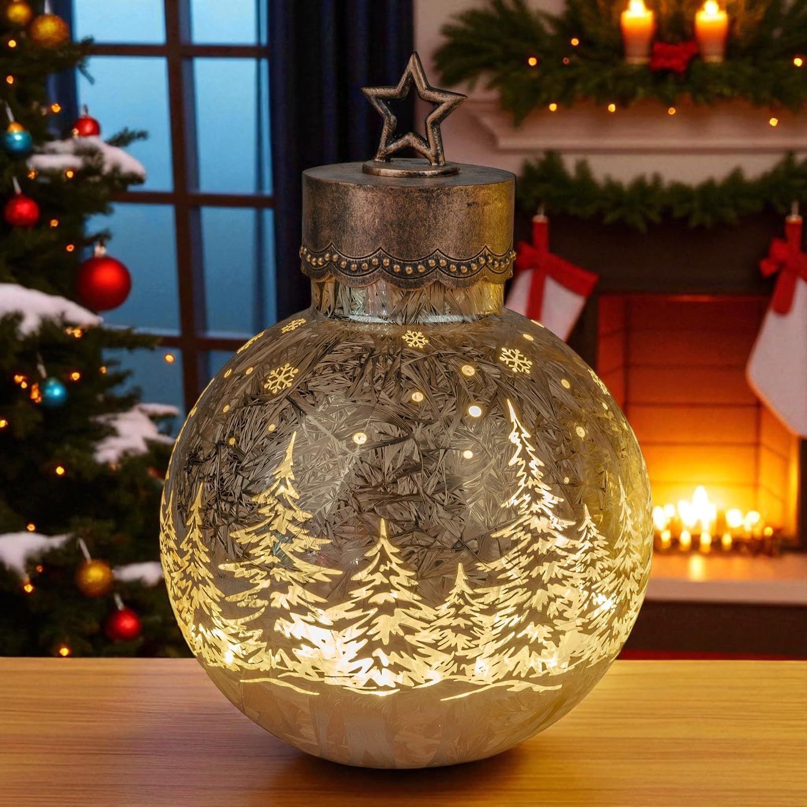 formano LED Deko-Kugel Frosty Gold 30 cm Glaskugel in Ice-Optik Timer 6h / 18h beleuchtet - Batteriebetrieben - Herbst Winter Weihnachtsdeko für Tisch Regal Fensterbank