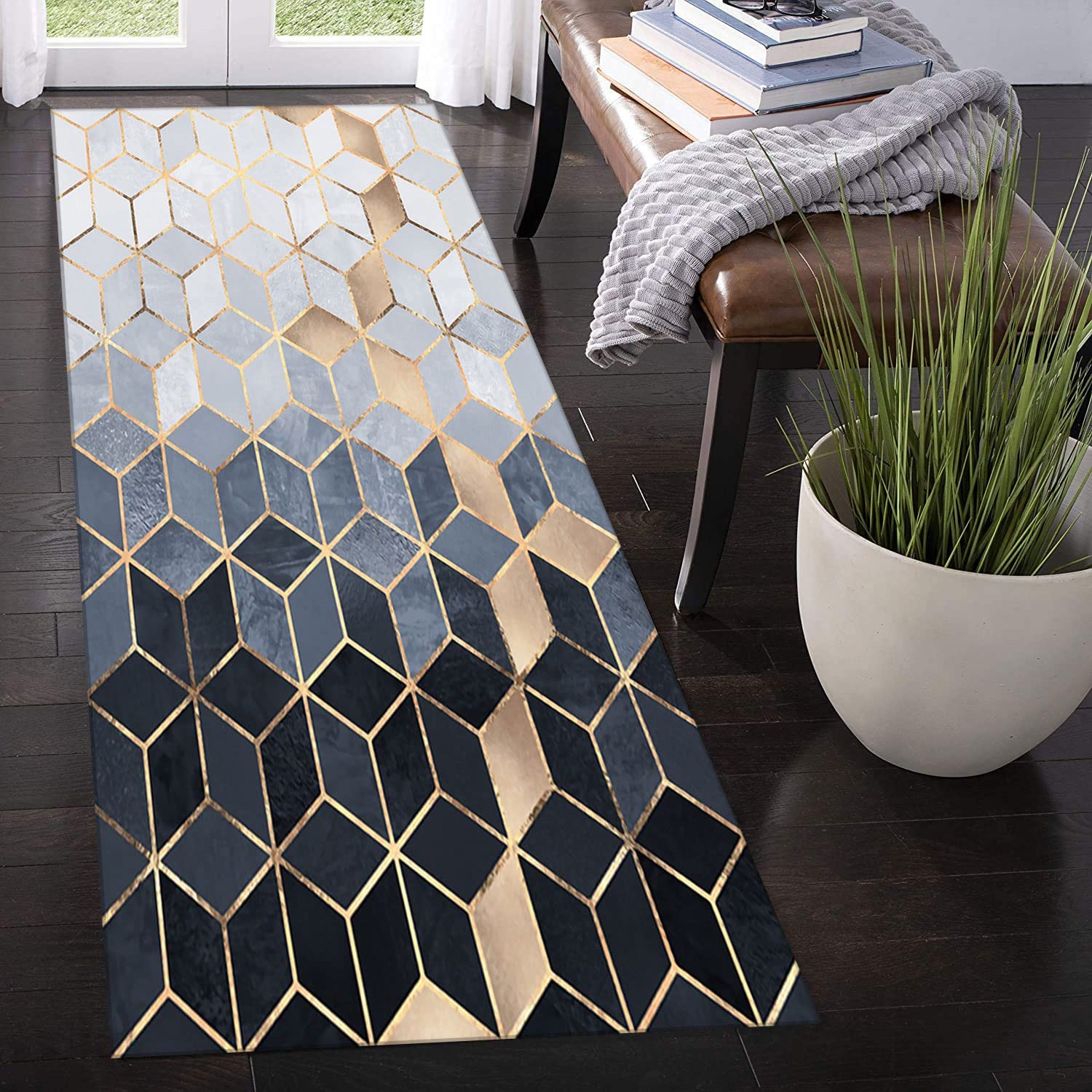 Rutschfester Teppichläufer für Flur und Küche, modernes geometrisches Design, langlebiges Material, geeignet für Wohnzimmer