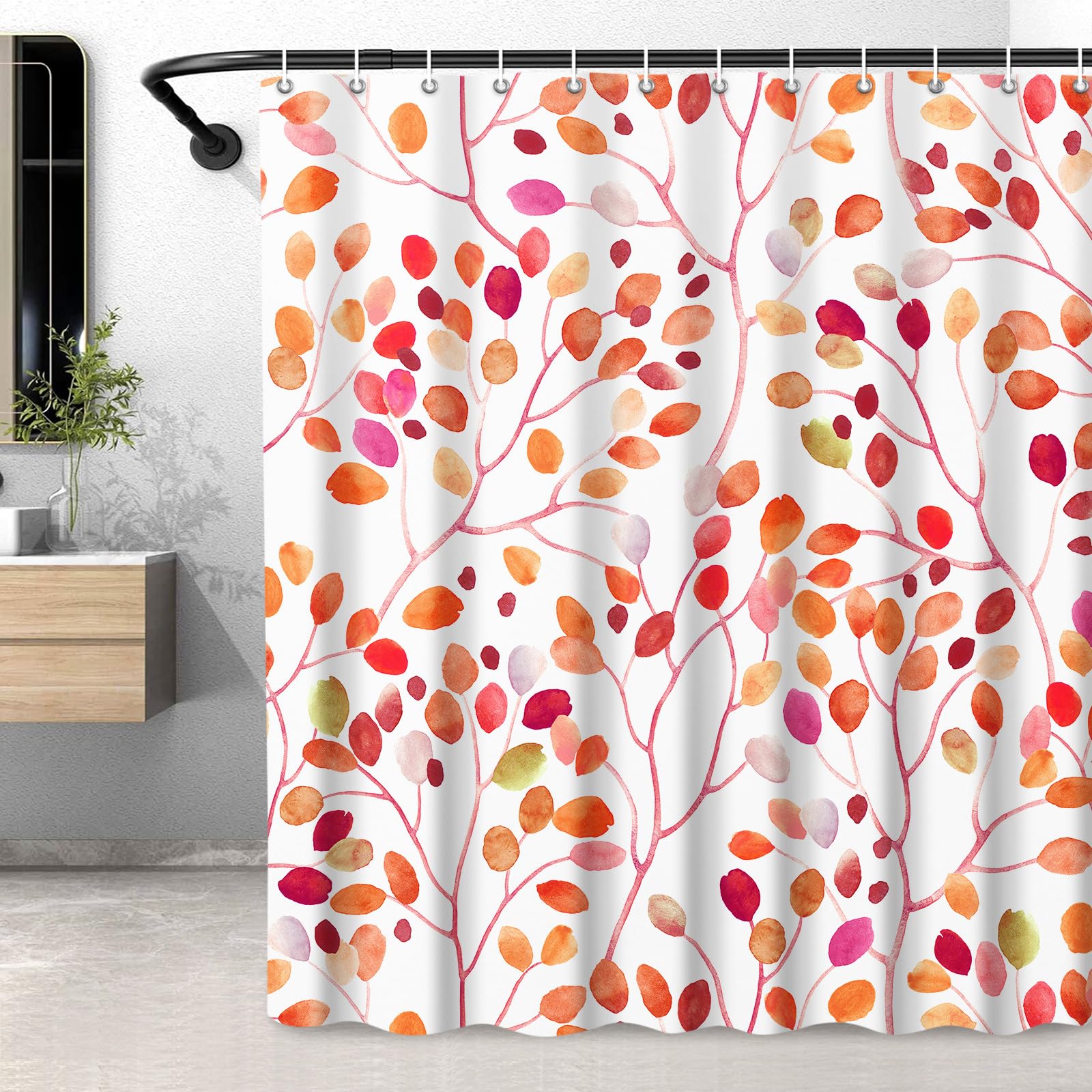 LXBNI Long Fall Shower Curtain, Autumn Leaf Shower Curtains for Bathroom, Boho Watercolor Floral Home Bathtub Decor, Waterproof Fabric 72x72 Inches, Red Orange — image 1
