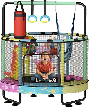 Lamerge Kids Trampoline, Toddler Bouncing Trampoline with Safety Enclosure Net, ASTM-Approved, 500lbs Capacity, Ages 1-8, Adjustable Handrail, 7-in-1, 60