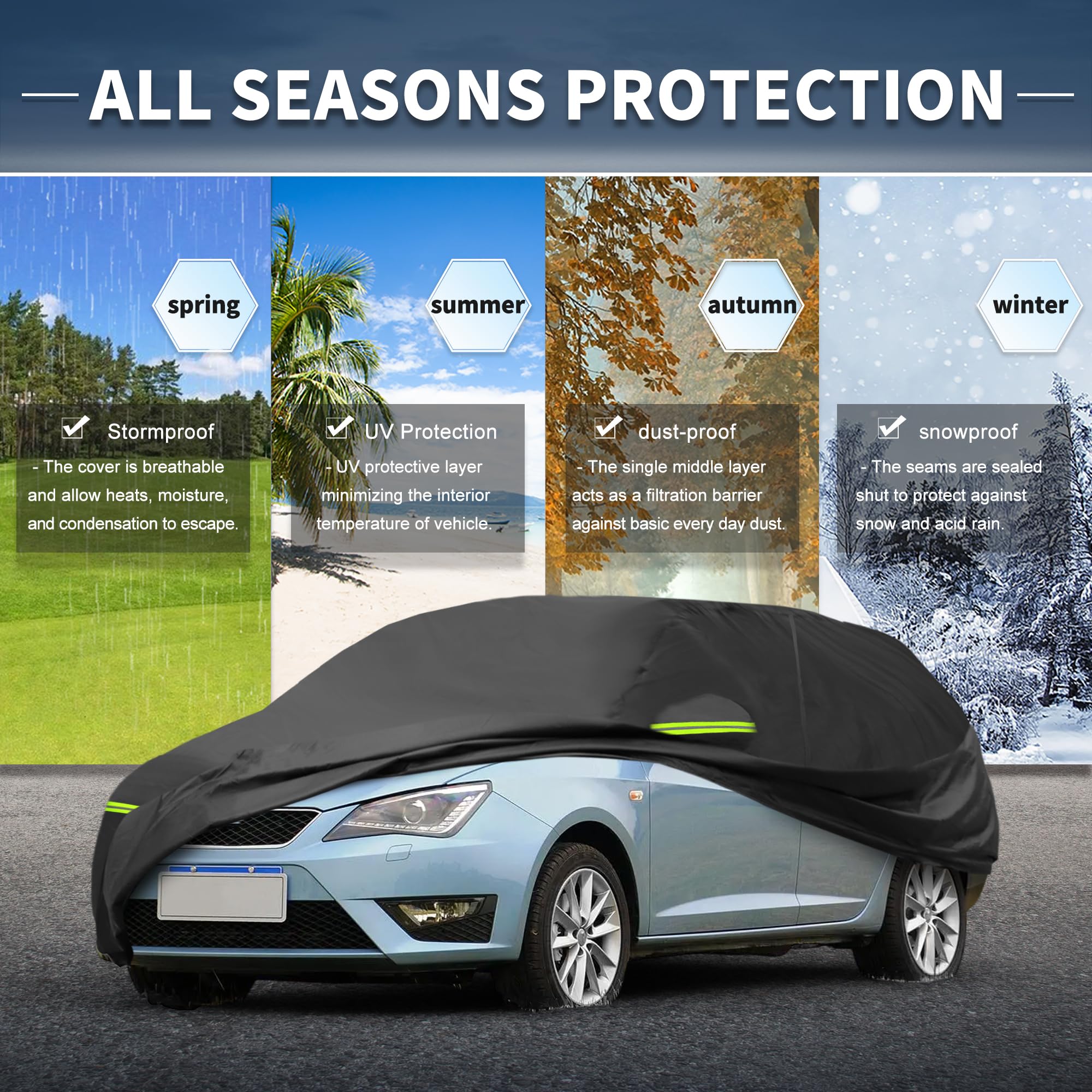 A ABSOPRO Housse Voiture pour Seat Ibiza Iv/V 2008-2021 210D-Pu Housse Voiture Extérieure Complète Toutes Saisons Imperméable Coupe-Vent Protection Solaire Fermeture Éclair Conducteur Noir