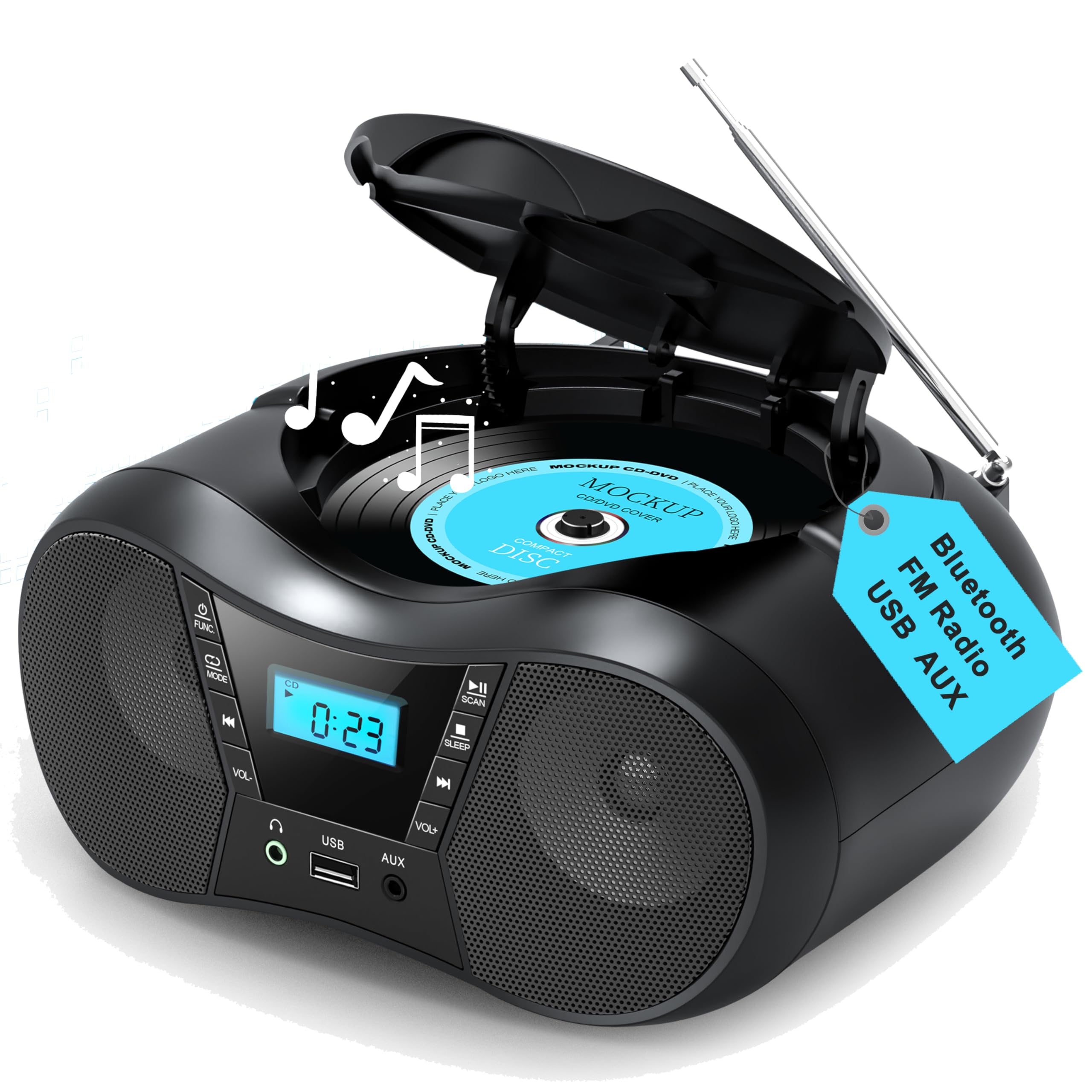Greadio Tragbares CD Player Bluetooth 5.1, Boombox mit UKW Radio & USB, Netz- und Batteriebetrieb, AUX-In, LCD Display, Kompatibel mit CD/CD-R/CD-RW/MP3, CD-Player für zu Hause
