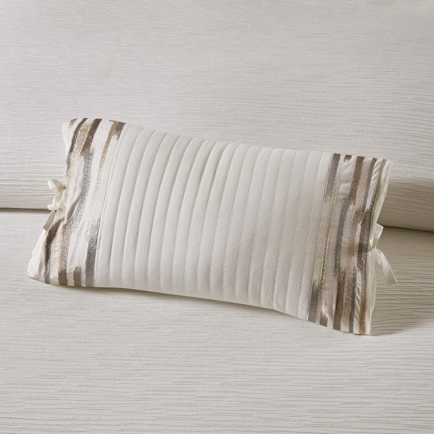 Cream Embroidered Cotton Lumbar Pillow with Bow Ties