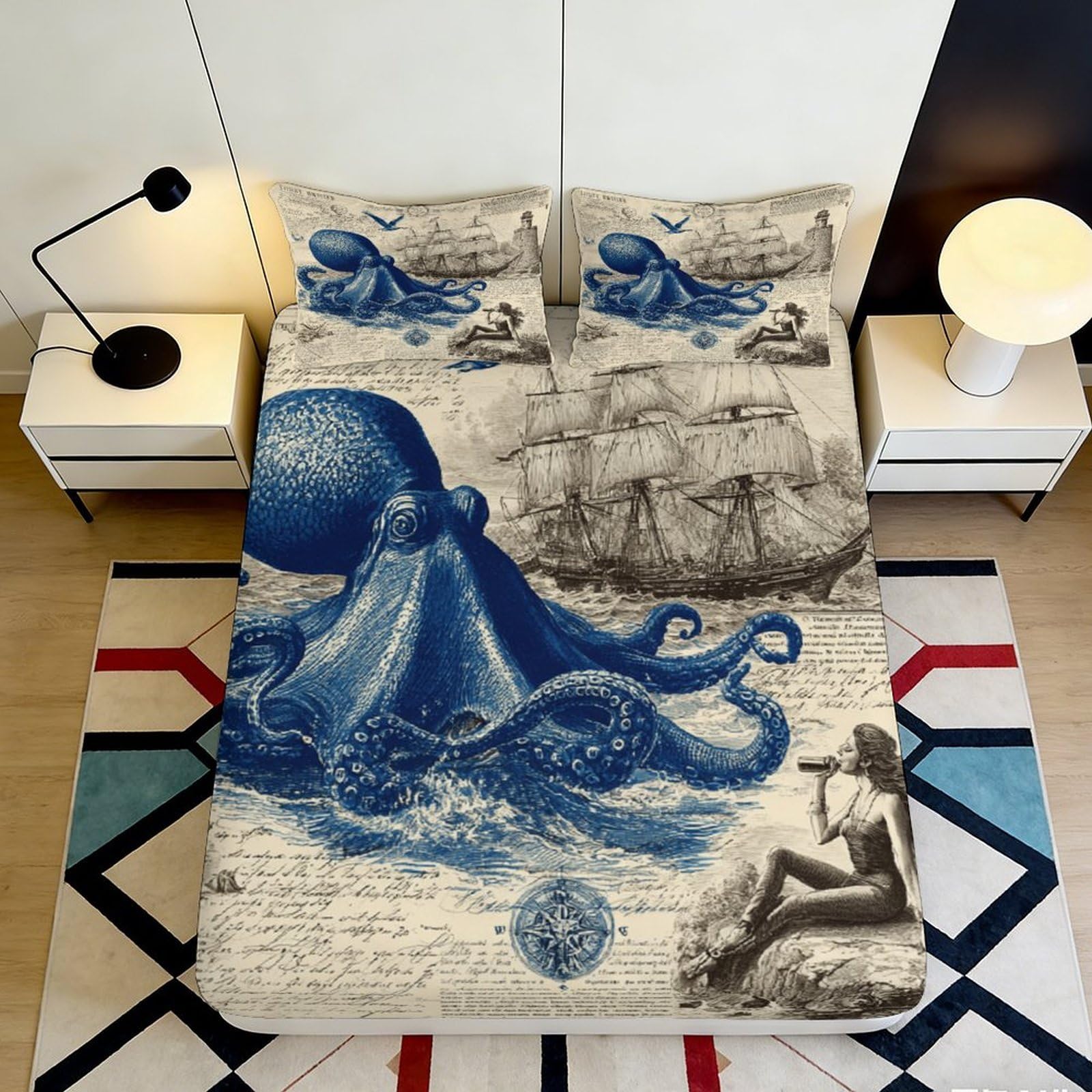 3D Printed Vintage Octopus Fitted Sheet Microfiber Soft Durable Nautical Ship Bed Cover for Bedroom Dormitory Guest Room Mattress Protection 180x200x25cm