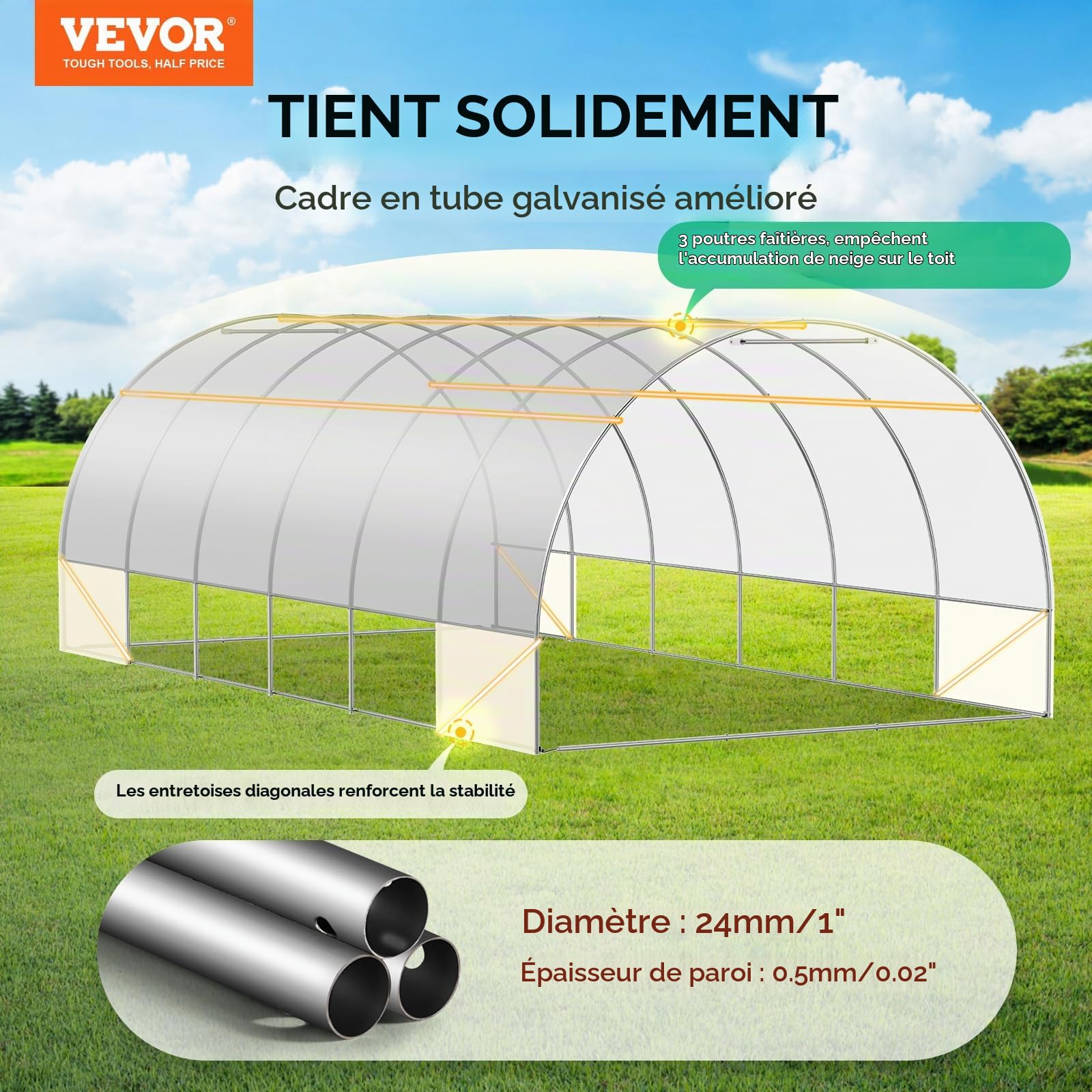 VEVOR Serre Tunnel Jardin, 590x295x198 cm, Tente Abri Plantes avec Cadre en Acier Galvanisé, Couverture en PE Blanche, Porte à Glissière Enroulable, 12 Fenêtres, pour Extérieur Cultiver Légumes Fleurs