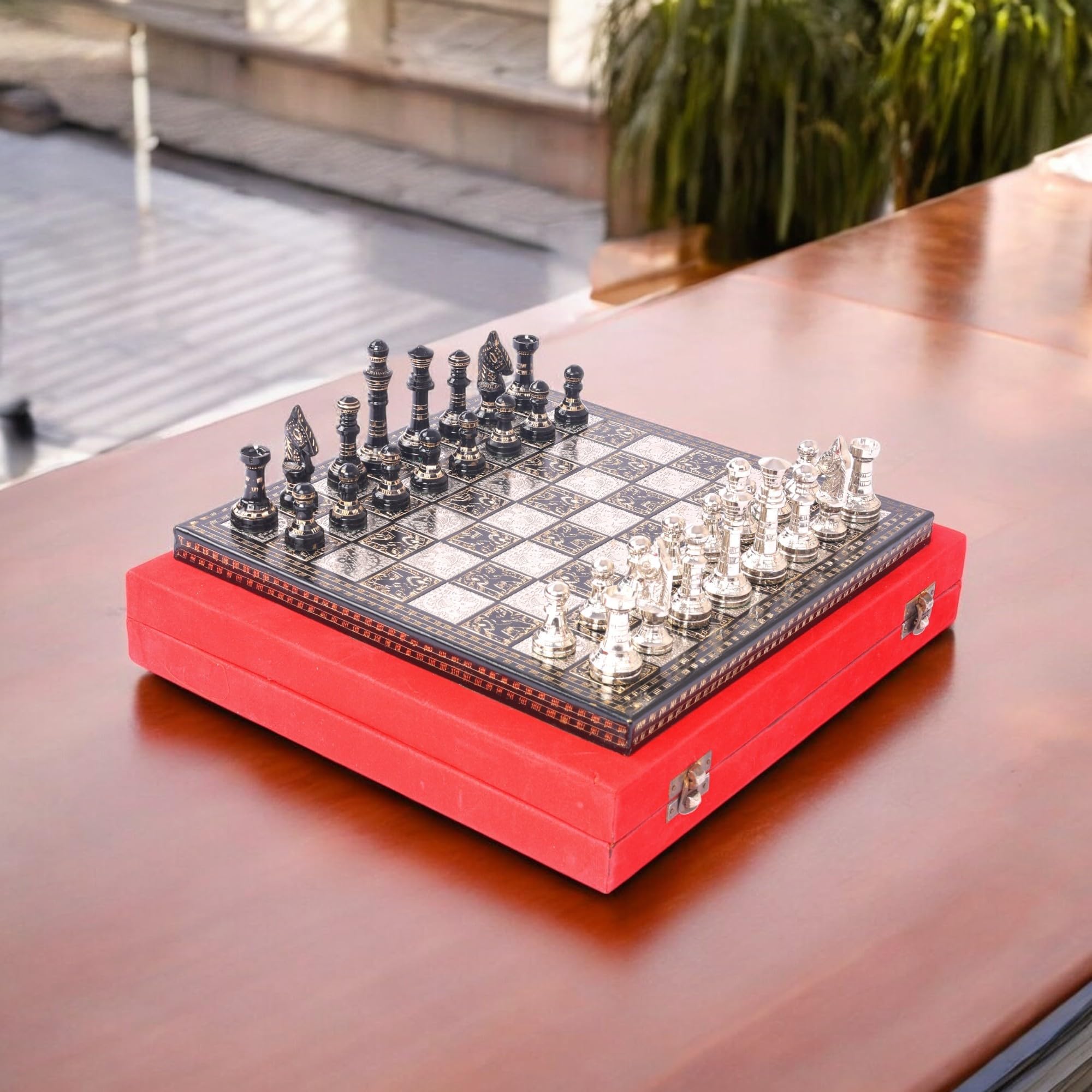 Natriel Brass Chess Set for Gifting-Black and Silver Case, Metal Chess Pieces, Black and Silver Finish, Decorative Board Game for Gifting (Design 2)