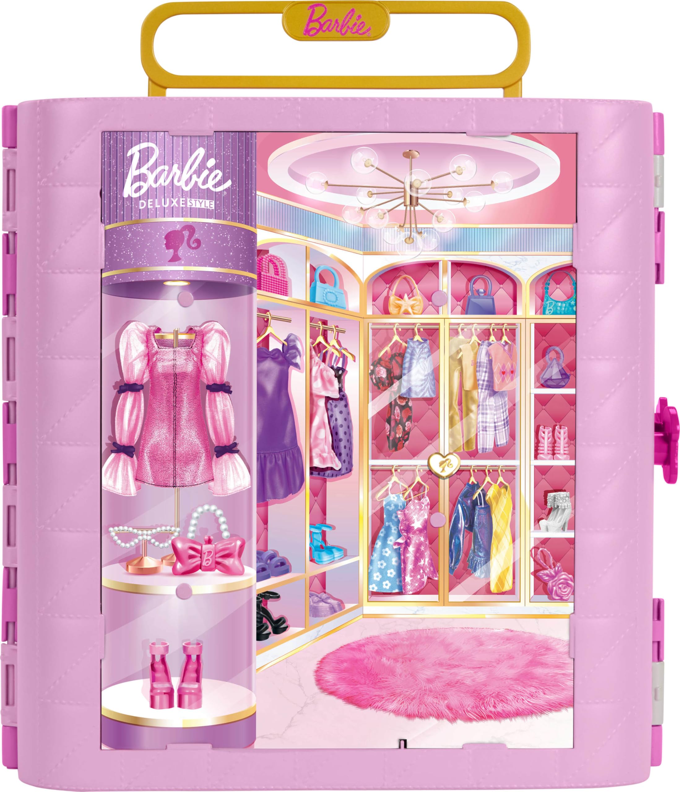 Barbie-Kleiderschrank mit Ankleidezimmer zum Drehen und Stylen, Schminkbereich mit Ottomane und Ringbeleuchtung, 4 Kleidungsstücke, 20+ Teile und tragbare Aufbewahrung, JNR16