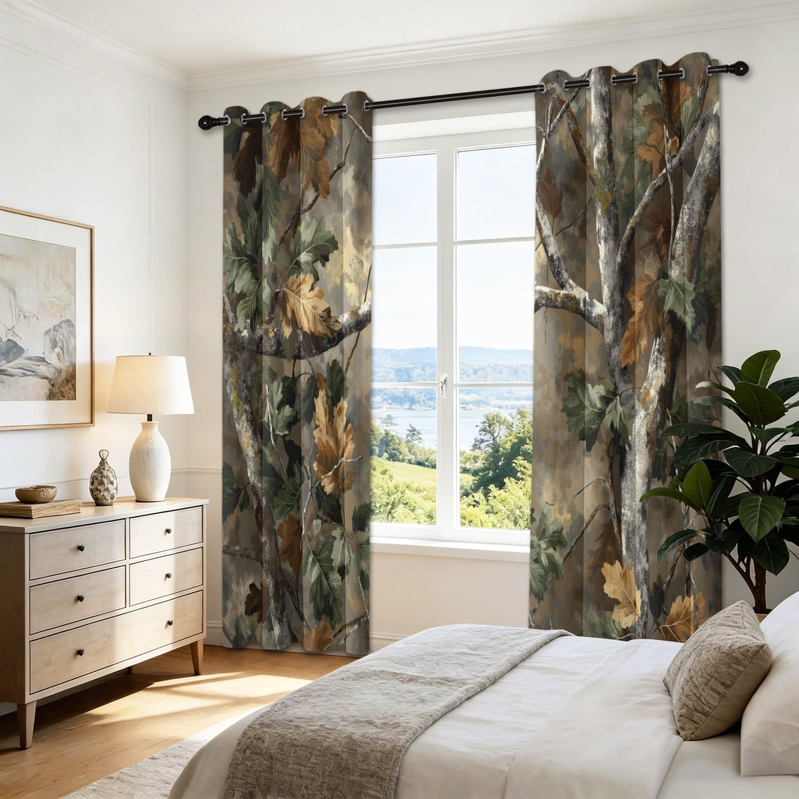 Tenda oscurante naturale rustica, set di 2 tende oscuranti termiche isolanti con occhielli, motivo foglie di rovere, camuffamento marrone, camera da letto, soggiorno, finestra, 140 x 200 h cm