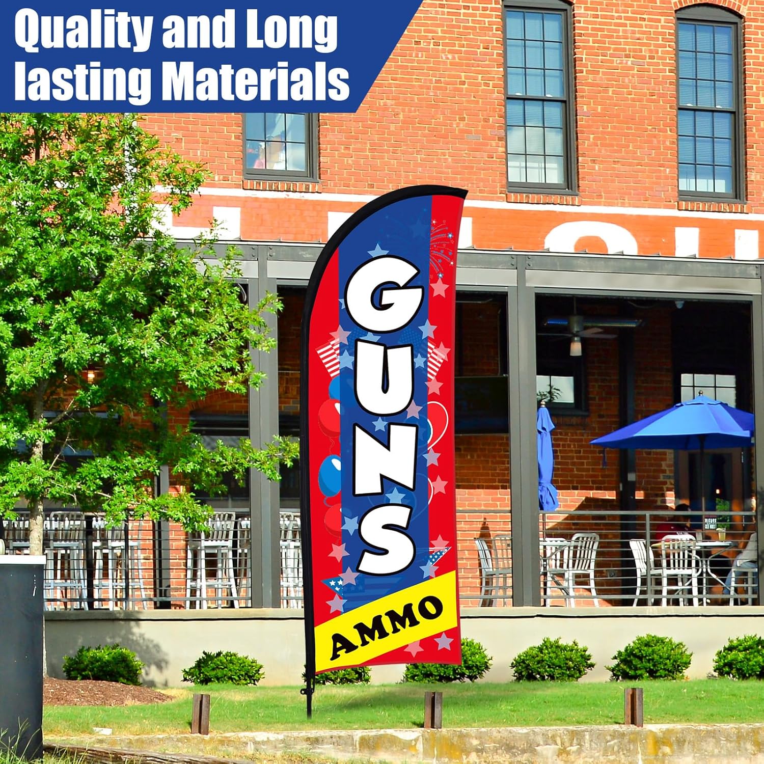Buryeah 12 x 7.9 ft Gun Flag Advertising Feather Chamber Flag with Flagpole Ground Stake Portable Bag Guns Signs Banner for Outside Business