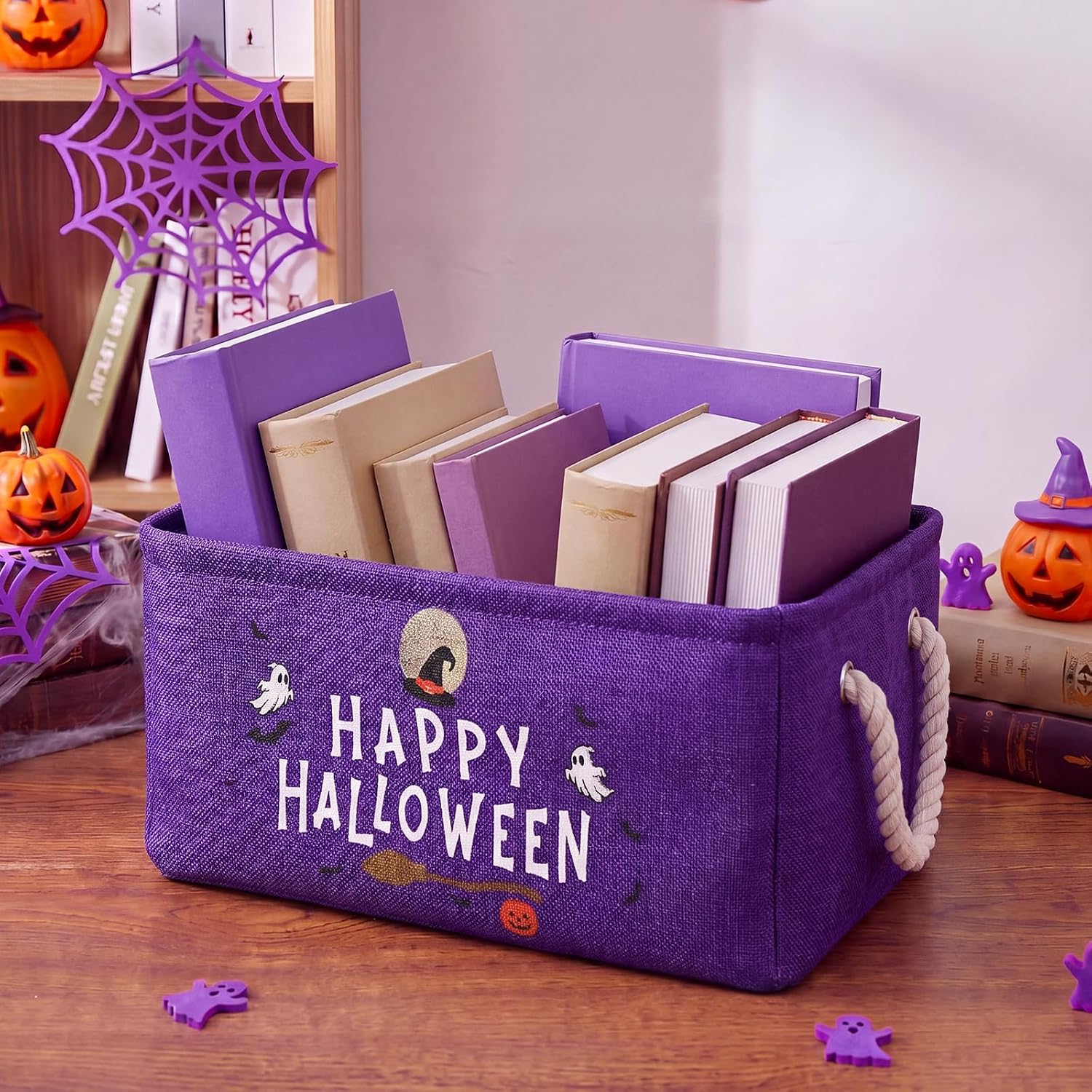 Happy Halloween Storage Basket with Handles Candy Organizer | 14 x 10 x 6.3 Inch Ghost Gifts Bin ，Trick or Treat ，Home Party， Living Room， Bedroom ，Purple Box