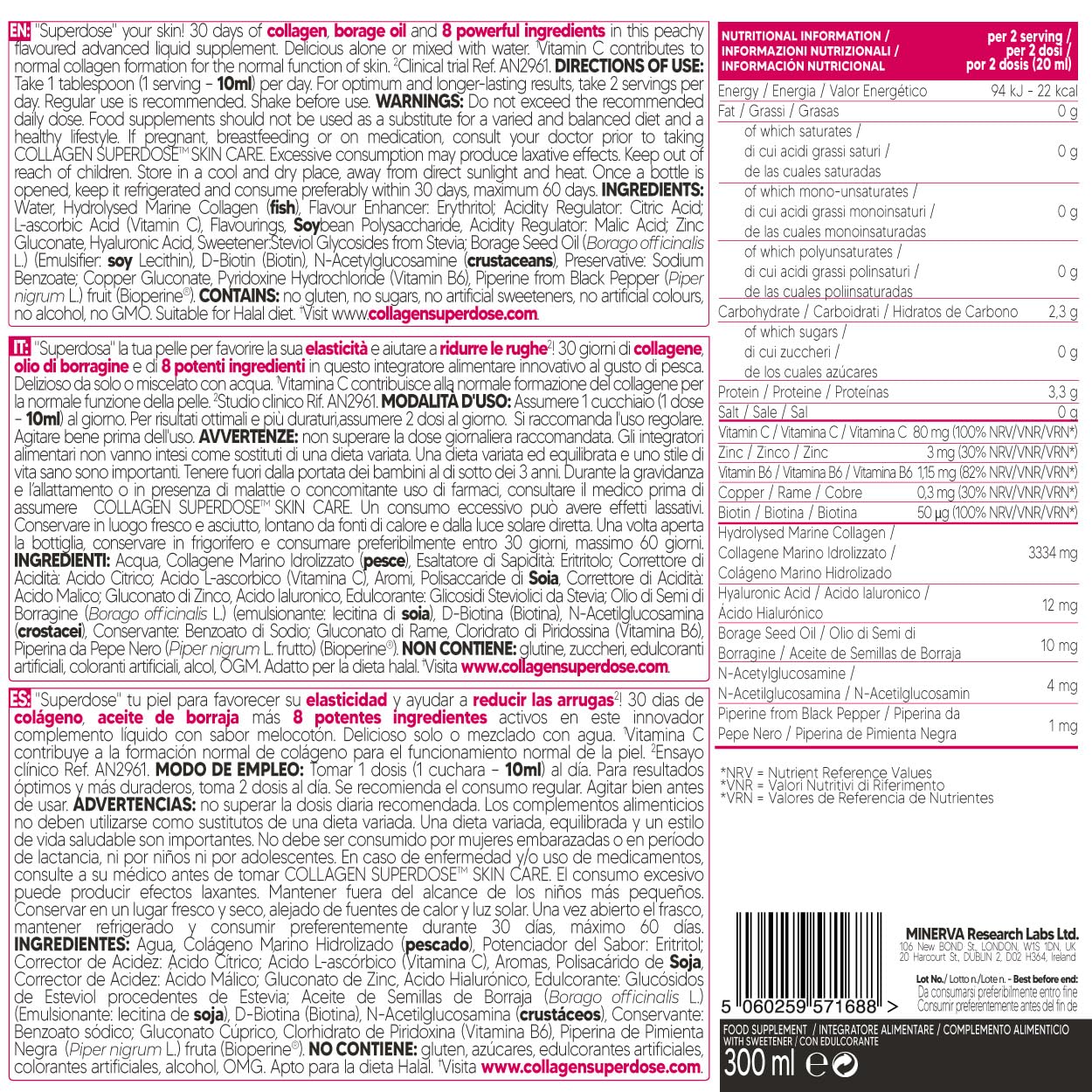 COLLAGEN SUPERDOSE BY GOLD COLLAGEN Skin Care - Collagene Integratore Antiage con Vitamina C, Integratore al Collagene Marino con Acido Ialuronico, Biotina e Zinco Capelli e Unghie, 300 ml