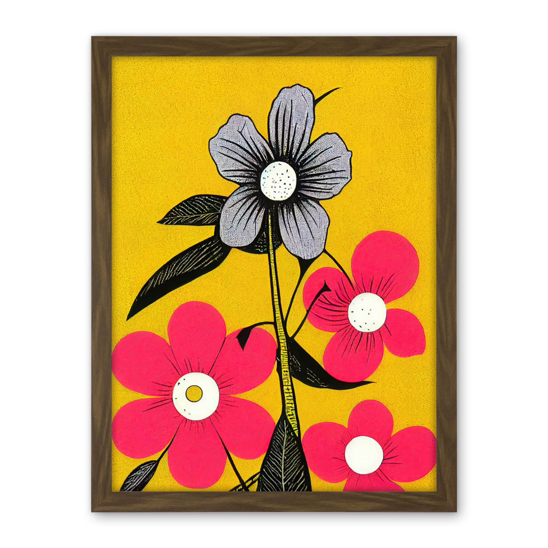 Wee Blue Coo Bold Flowers Linocut Pink and Mustard Yellow Print Artwork Framed Wall Art Print 18X24 Inch