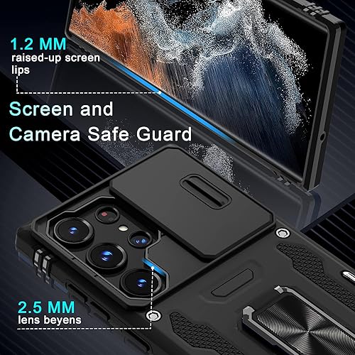 Miniatura 6 de DEERLAMN Funda para Samsung Galaxy S23 Ultra con cubierta deslizante para cámara, soporte de anillo giratorio integrado protección completa de la