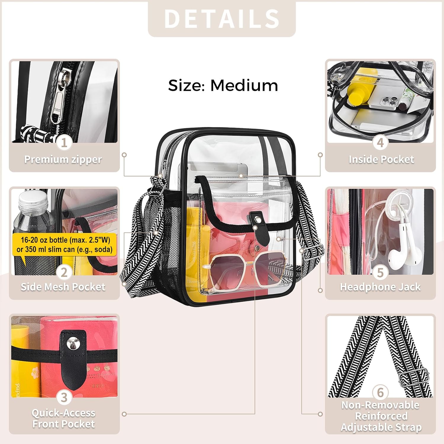 SPODEARS Clear Crossbody Bag for Stadium, Concert, Festival & More - Adjustable Shoulder Strap & Bottle Holder