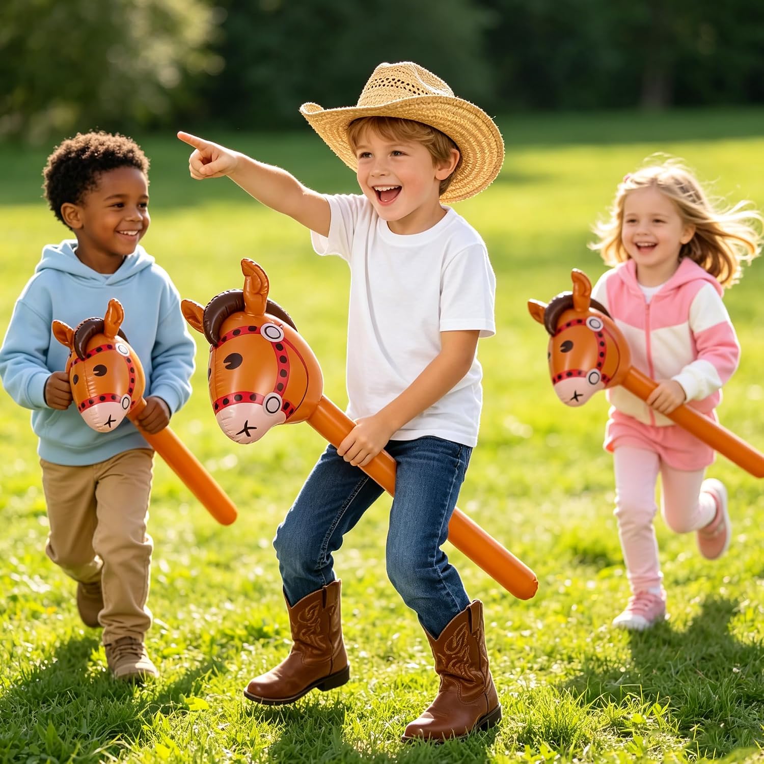 12 Pcs Inflatable Stick Horse, 37 Inch Horse Head Blow up Balloon for Western Cowboy Cowgirl Themed Baby Shower Birthday Party Decorations (Brown)