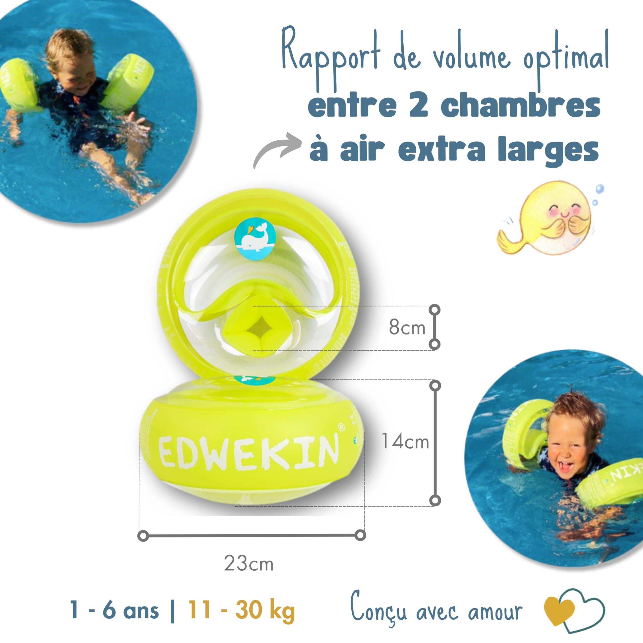 EDWEKIN® Bouées de natation de qualité supérieure - Certifié TÜV et GS - Pour enfants de 1 à 6 ans - Sans BPA et design élégant - Aide à la natation sûre pour bébés et tout-petits