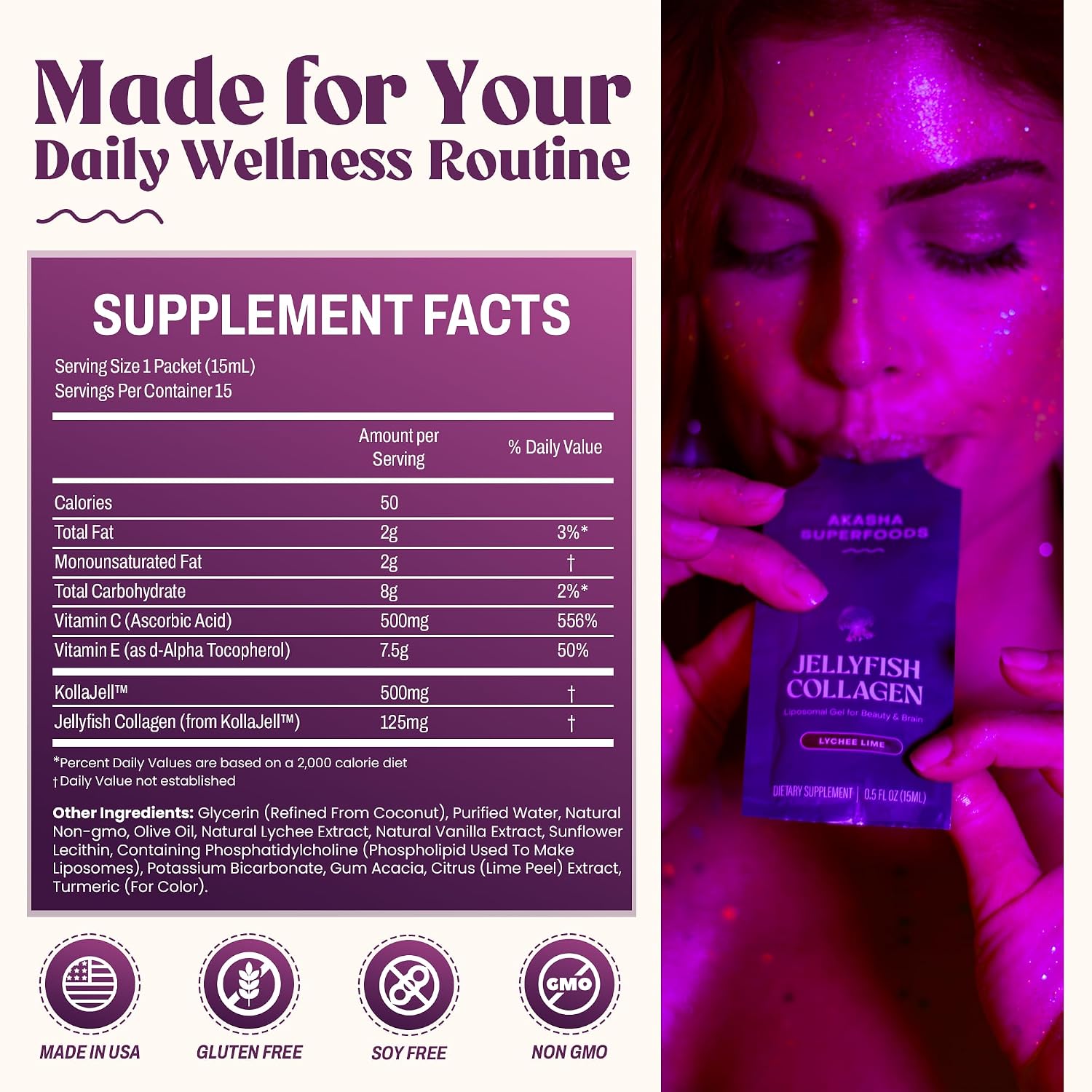 Akasha Superfoods Liposomal Jellyfish Collagen Packets — Type I II V, All 20 Amino Acids, Collagen Peptides for Skin Firmness, Memory & Focus — Lychee Lime, 15 Single-Serve Packets