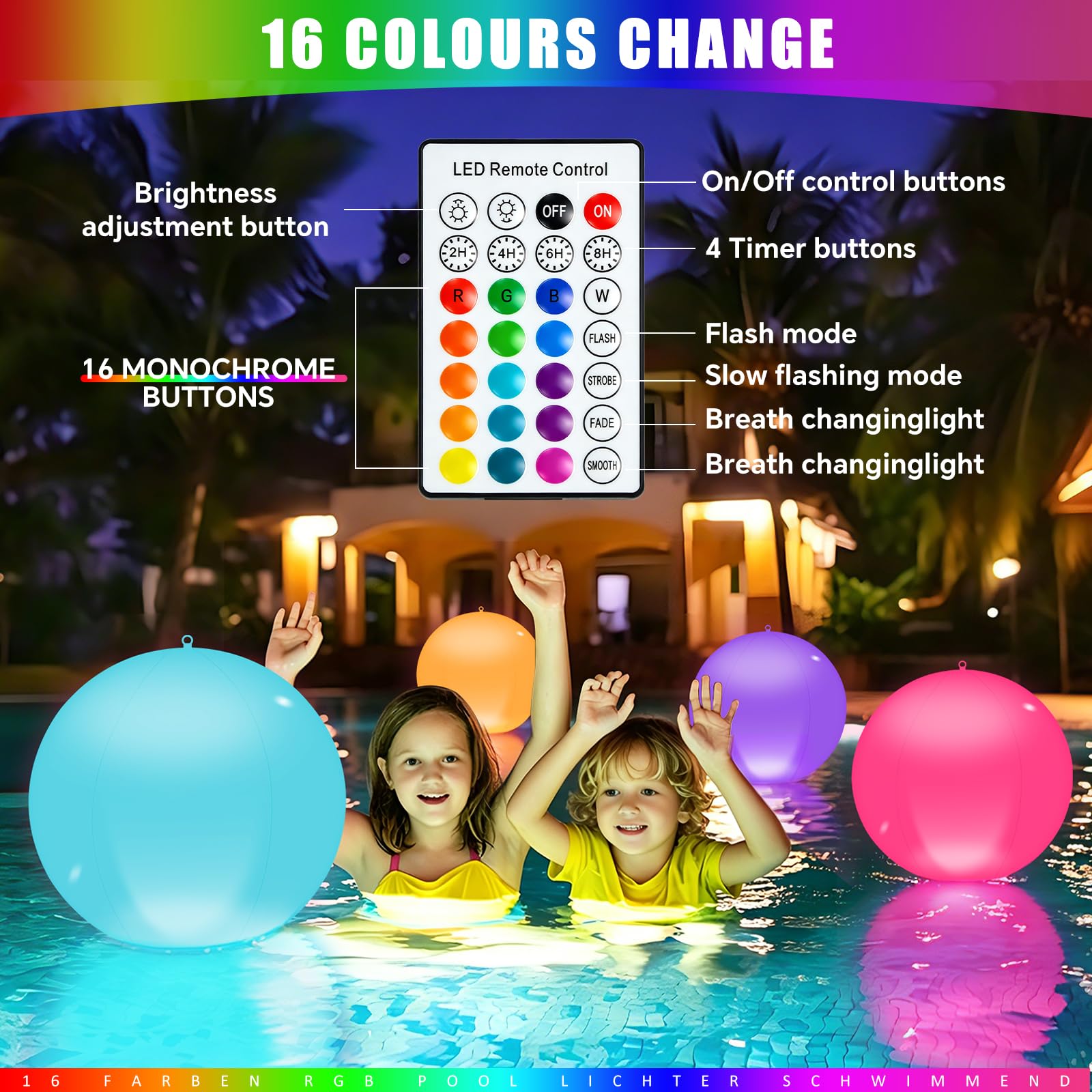 Solari Luci Galleggianti Piscina, 4Pz Solare Lampada Galleggianti Piscina con Telecomando,13.4In 16 RGB Solare Lampada Palle Luminose da Giardino Solari, IP68 Palle Luminose per Piscina Esterno
