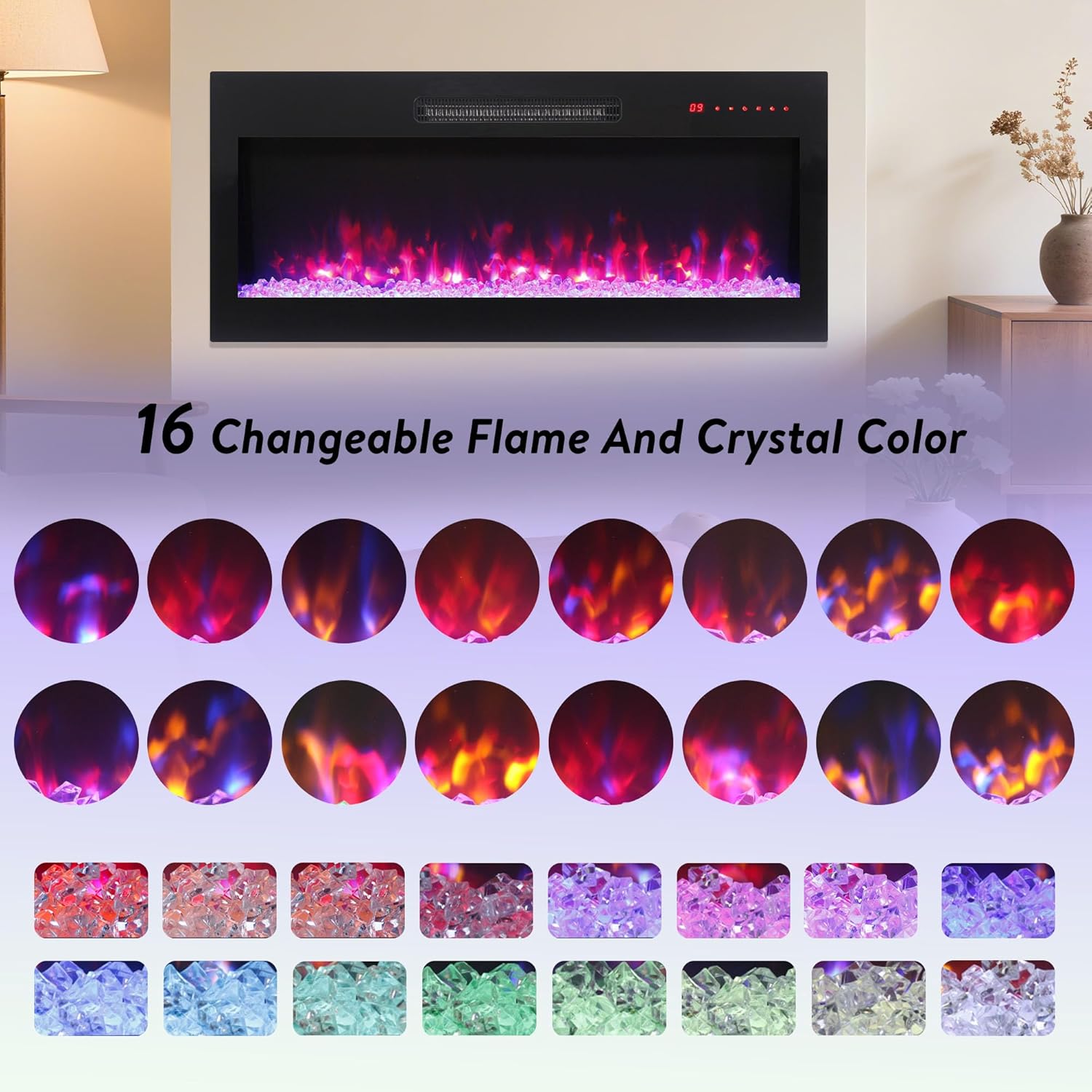 Diagram showing 16 changeable flame and crystal colors for the electric fireplace.