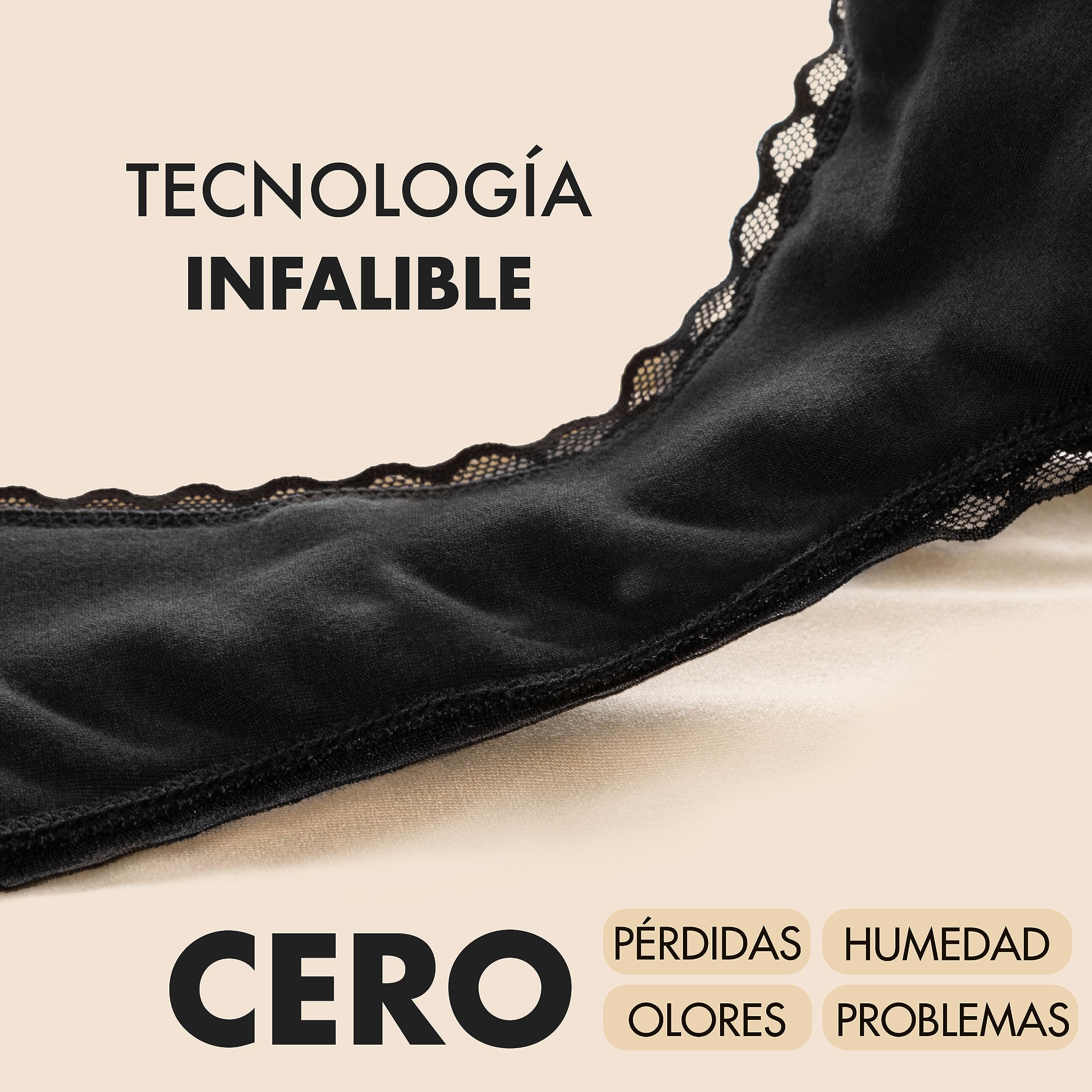 Bragas Menstruales Negras - Bragas de Mujer de Protección Hygiénia Absorbente y Lavable - Ropa Interior Mujer Ecológica y Reutilizable para la Menstruación