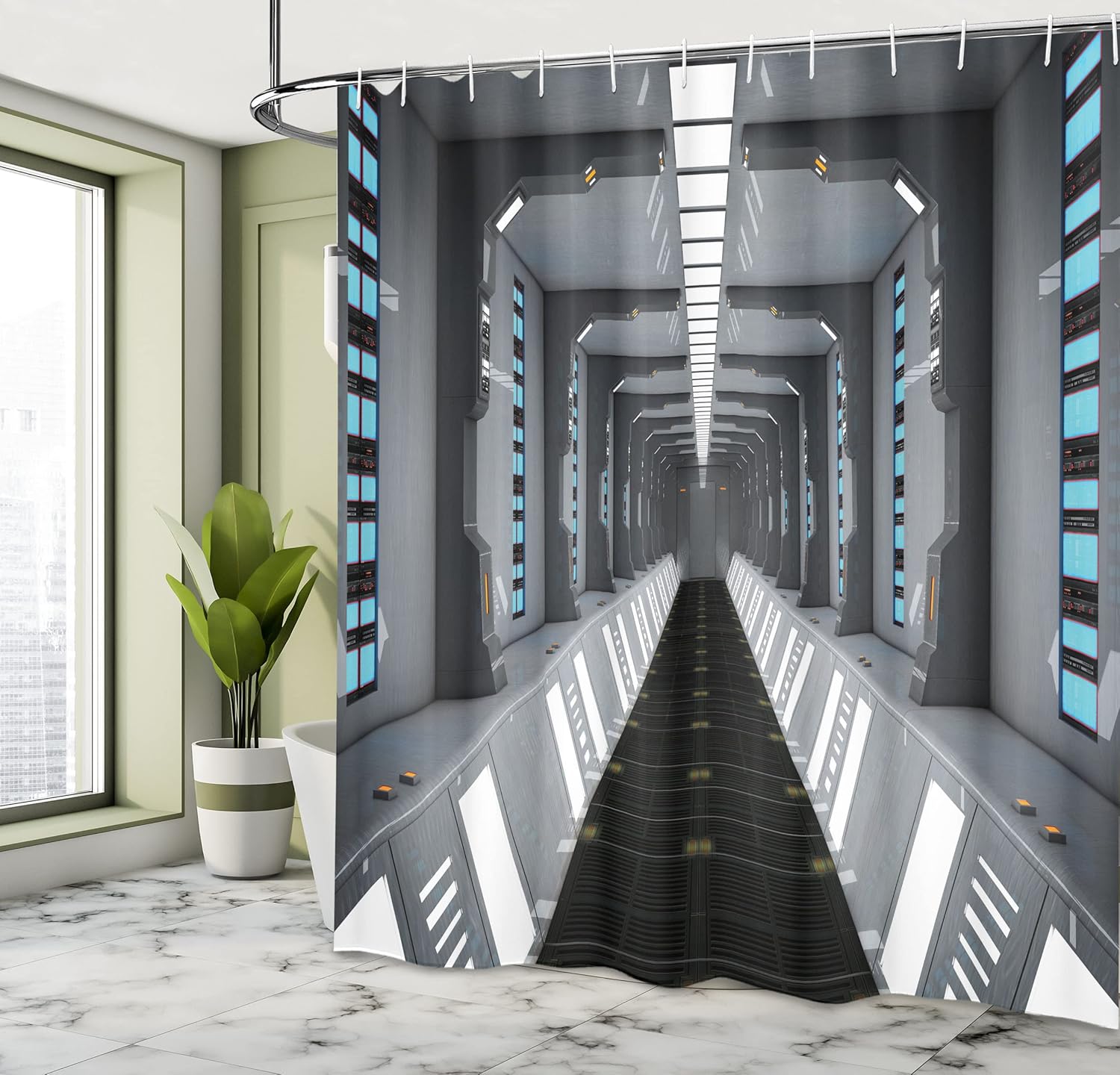 Ambesonne Futuristic Shower Curtain, Futuristic SciFi Corridor Space Ship Station Science Fiction Laboratory Picture Print, Cloth Fabric Bathroom Decor Set with Hooks, 69" W x 75" L, Grey
