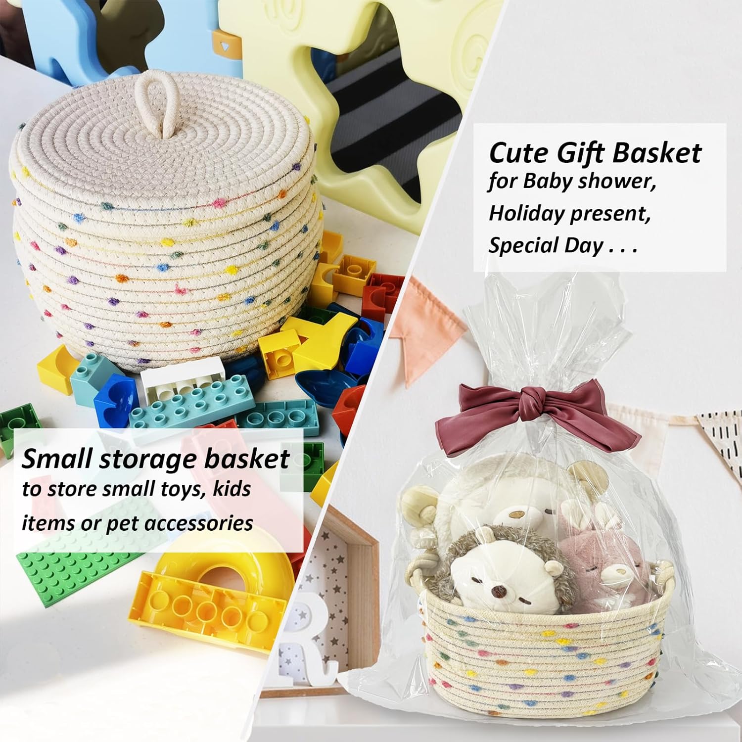 Esme L&H Small Woven Rope Storage Baskets for Organizing, Set of 3 Small Decorative Basket Organizer for Storage, Cute Rainbow Storage baskets, bins, Box for Baby nursery,Toys, Shelves, Closet...