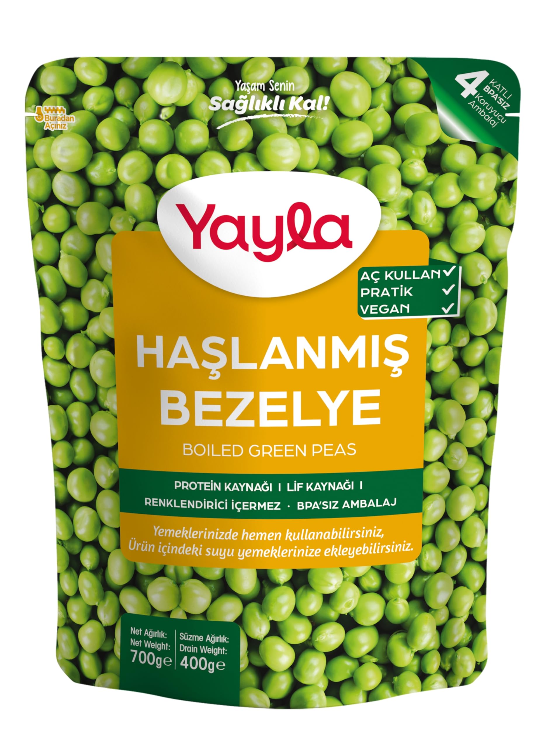 yayla Haşlanmış Bezelye, 700 gr Tekli Paket