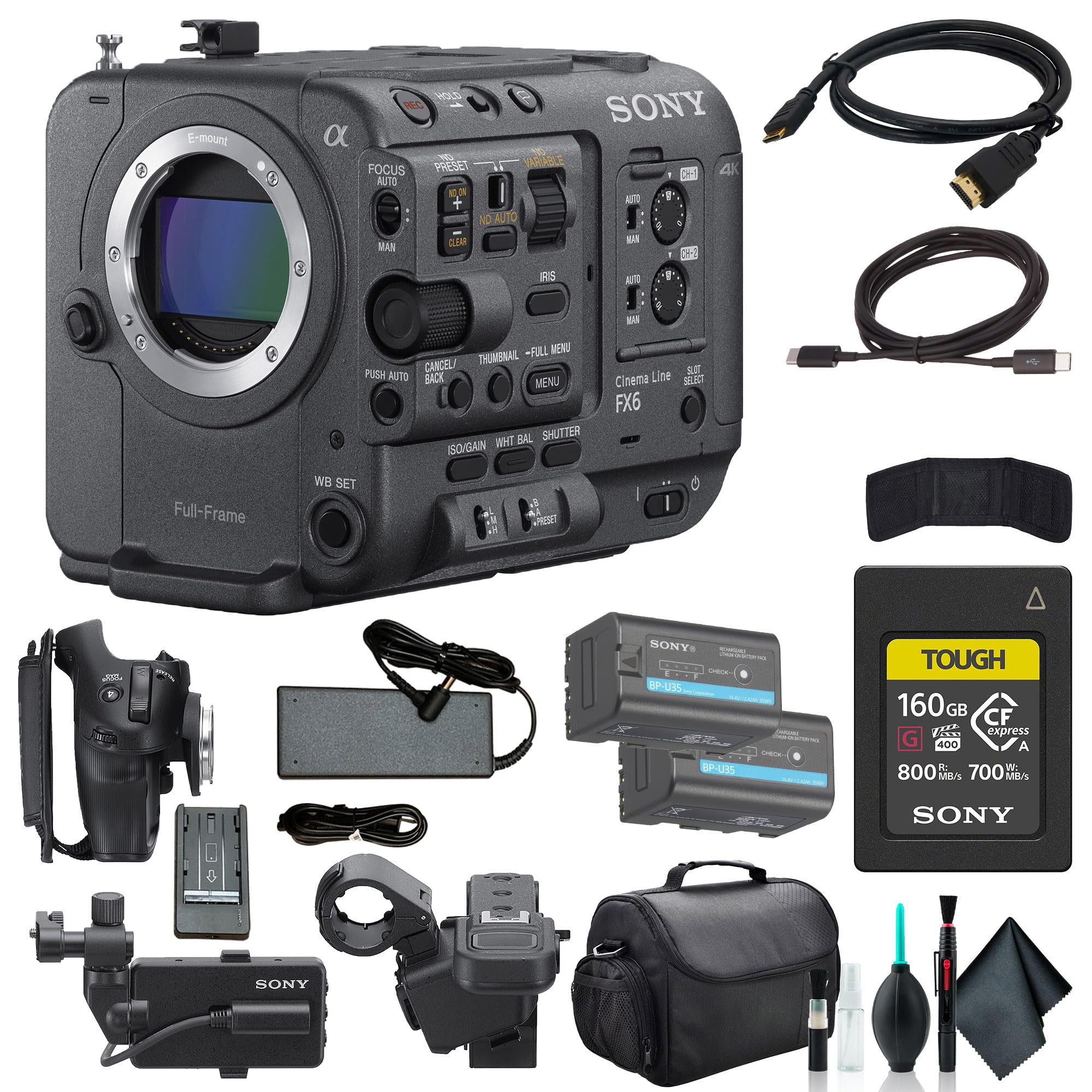 FX6 Full-Frame Cinema Camera Body Only ILME-FX6V, 160GB Memory Card, BP-U35 Battery, Bag, Memory Card Wallet, Cleaning Kit, HDMI Cable
