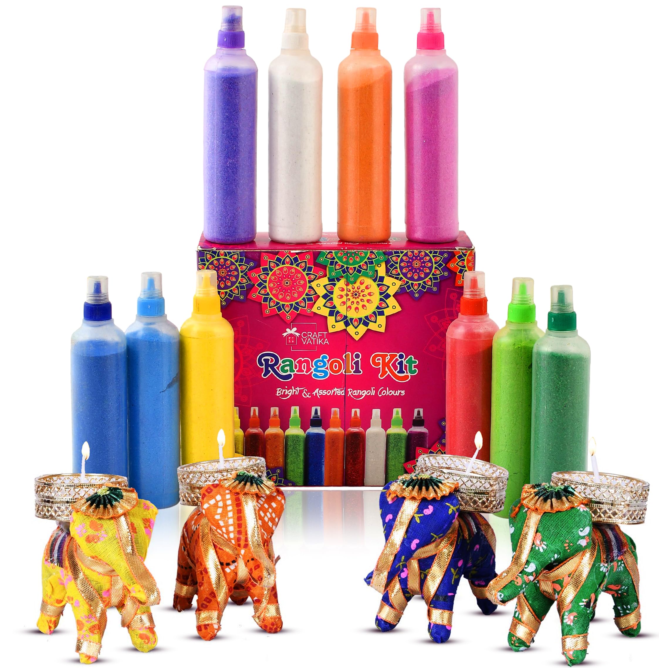 CraftVatika10 Rangoli Colour Powder Tube Kit with 4 Elephant Candle Holder Set for Diwali Ganesh Chaturthi Laxmi Pooja Home Temple Rangoli Candle Floor Decoration (B0DGTK1BHF) Amazon Price History, Amazon Price Tracker