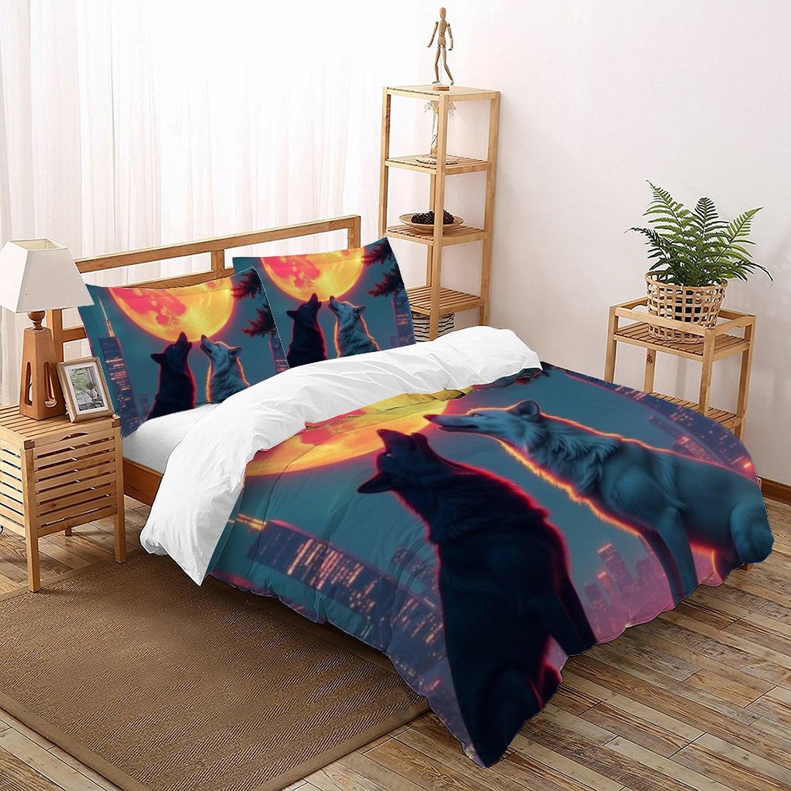 Housse de couette super king loup imprimé 3D avec 2 taies d'oreiller