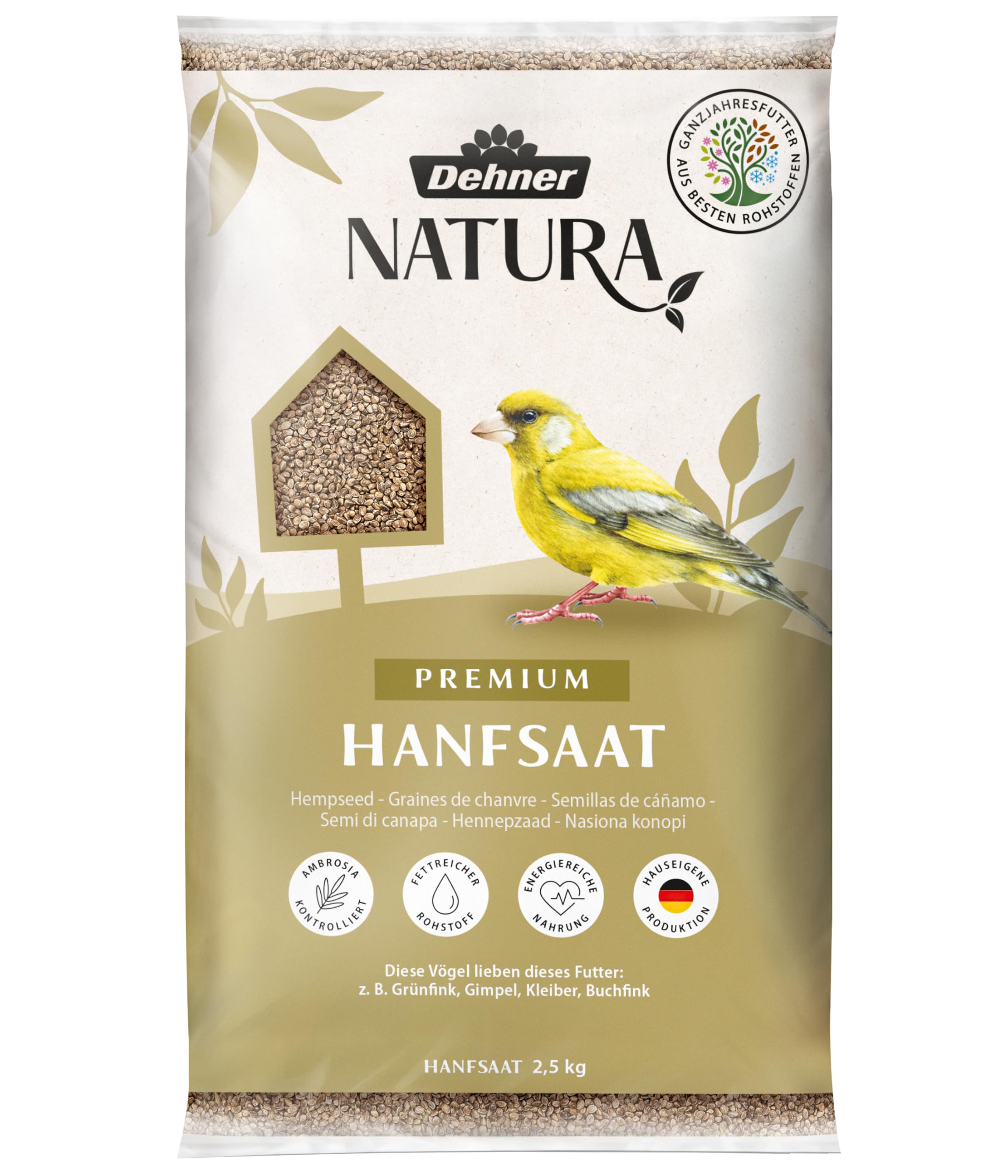 Dehner Natura Premium Wildvogelfutter, Hanfsaat, Ganzjahresfutter proteinreich / energiereich, hochwertiges Vogelfutter für Wildvögel, 2.5 kg