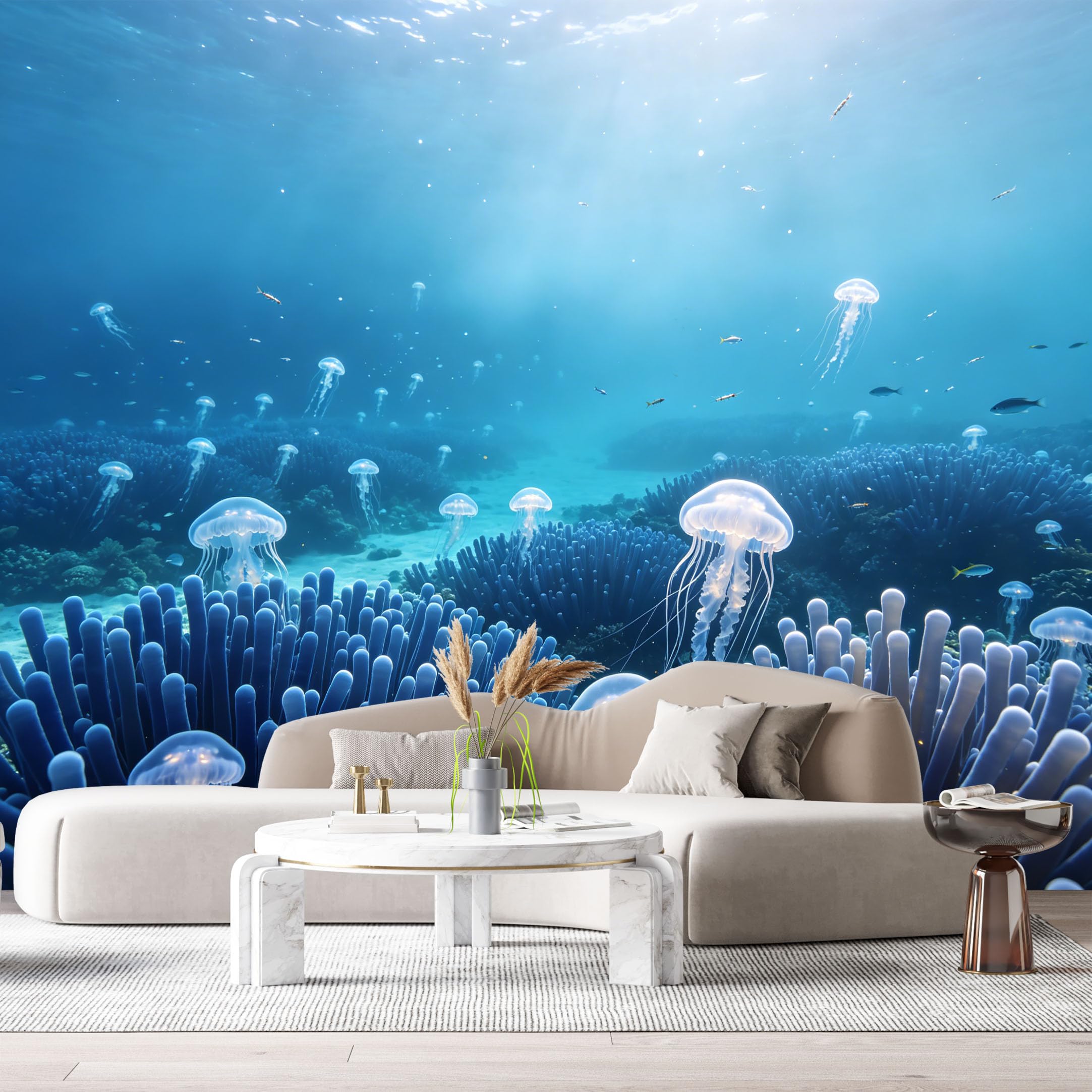 Custom Size Wall Murals Ocean Marine 3D Bioluminescent Jellyfish Deep Sea Coral Reef SelfAdhesiveWall Fabric Removable Wallpaper Wall Decor for Living Room Bedroom Bathroom