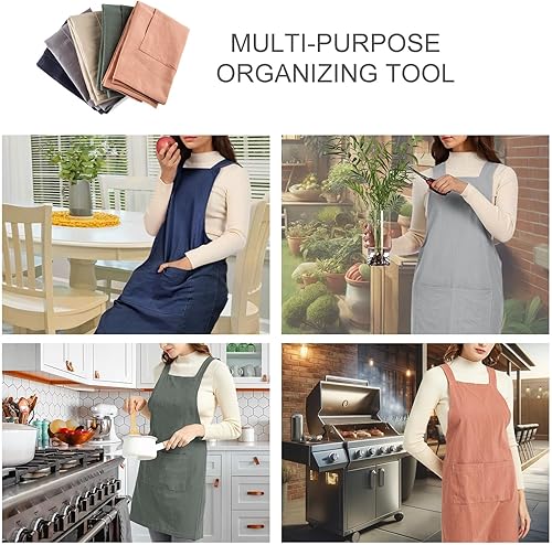 Miniatura 17 de ELEZAY Delantales para mujer con bolsillos, talla grande, cómodo, espalda cruzada, sin lazo, delantal de lino y algodón